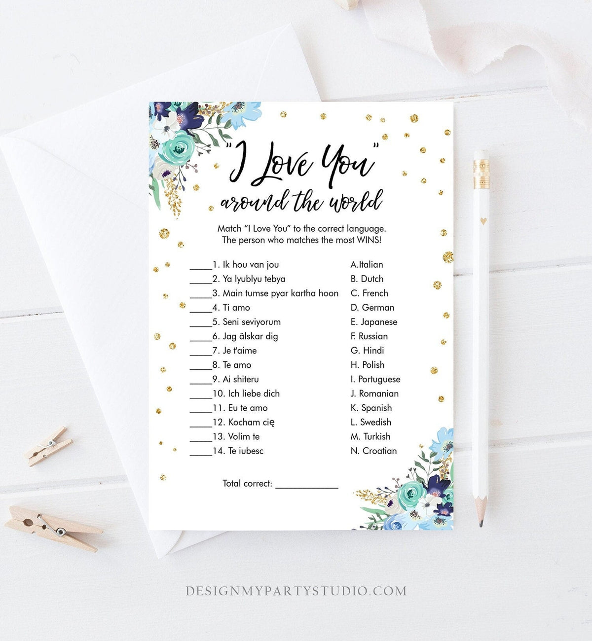 Editable Travel Bridal Shower Game I Love You Around the World Wedding Shower Activity Floral Bachelorette Corjl Template Printable 0030