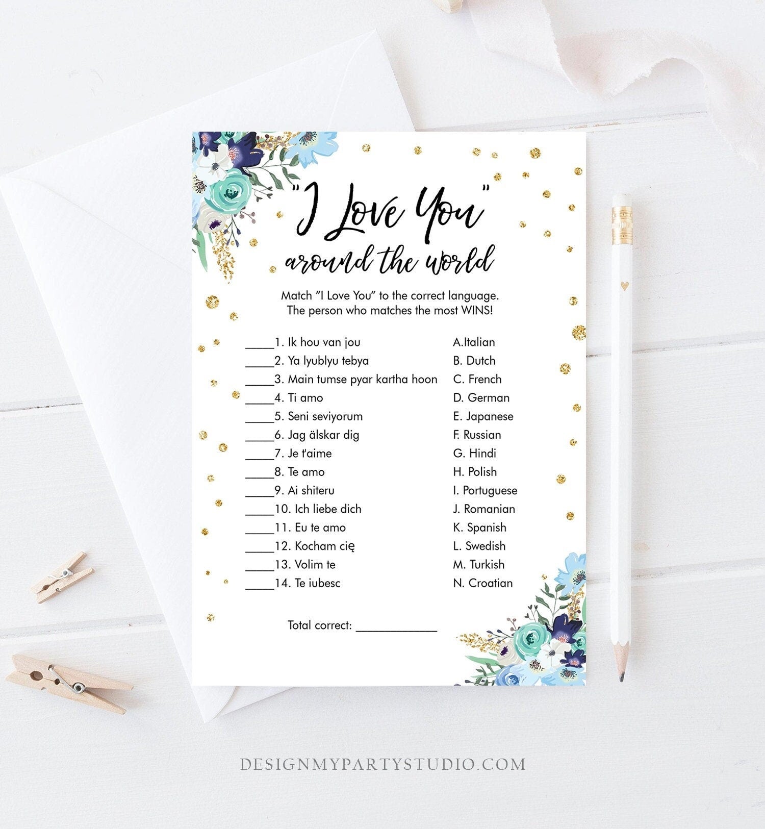 Editable Travel Bridal Shower Game I Love You Around the World Wedding Shower Activity Floral Bachelorette Corjl Template Printable 0030