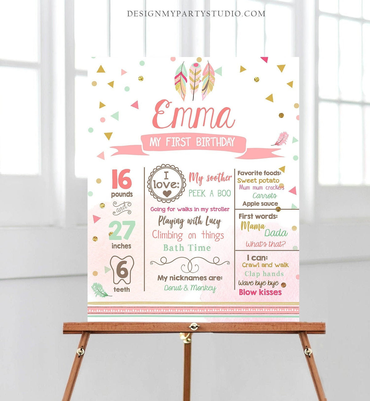 Editable Wild One Birthday Milestones Sign Boho Tribal Feathers First Birthday 1st Birthday Girl Pink Download Corjl Template Printable 0073