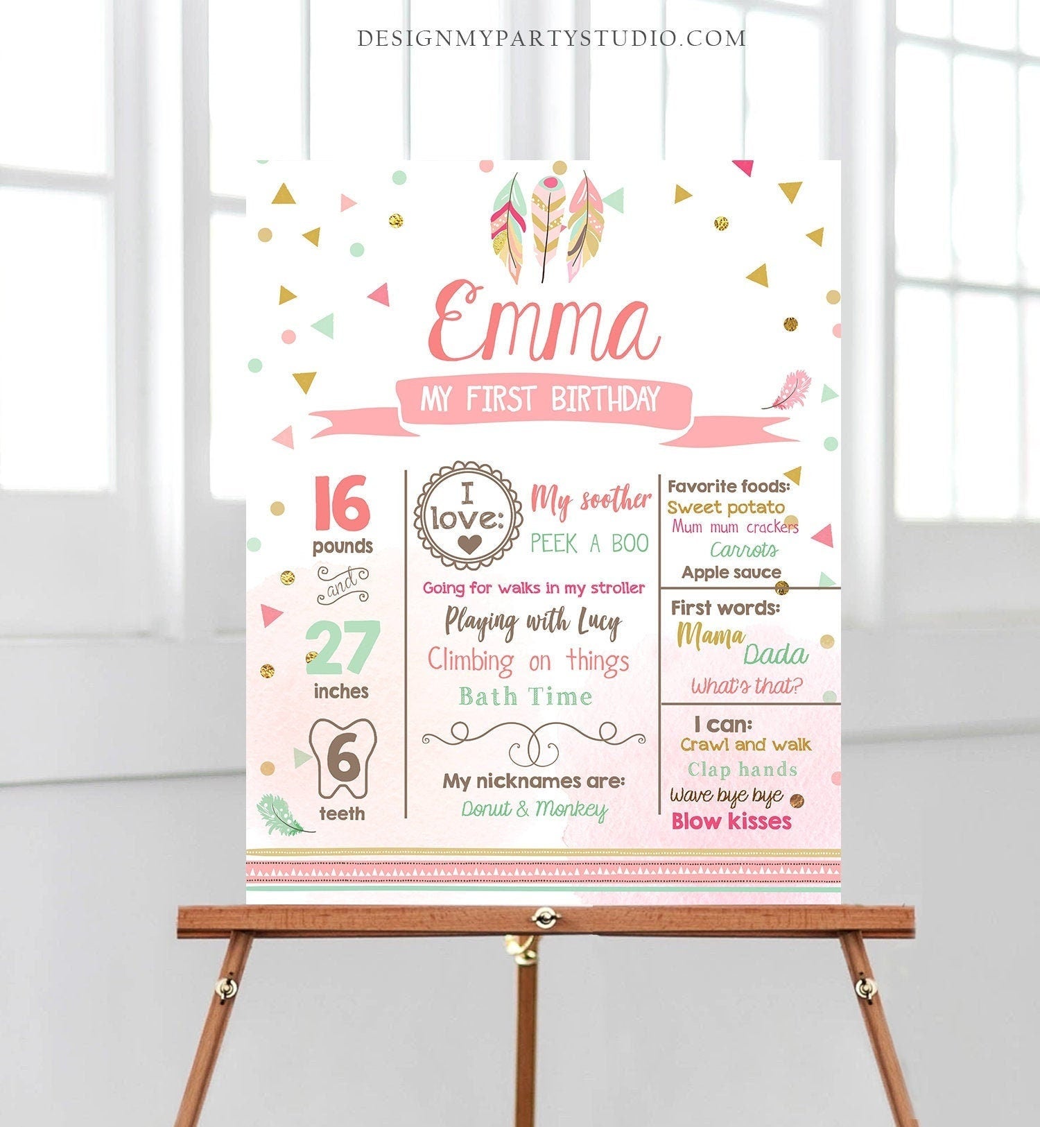 Editable Wild One Birthday Milestones Sign Boho Tribal Feathers First Birthday 1st Birthday Girl Pink Download Corjl Template Printable 0073