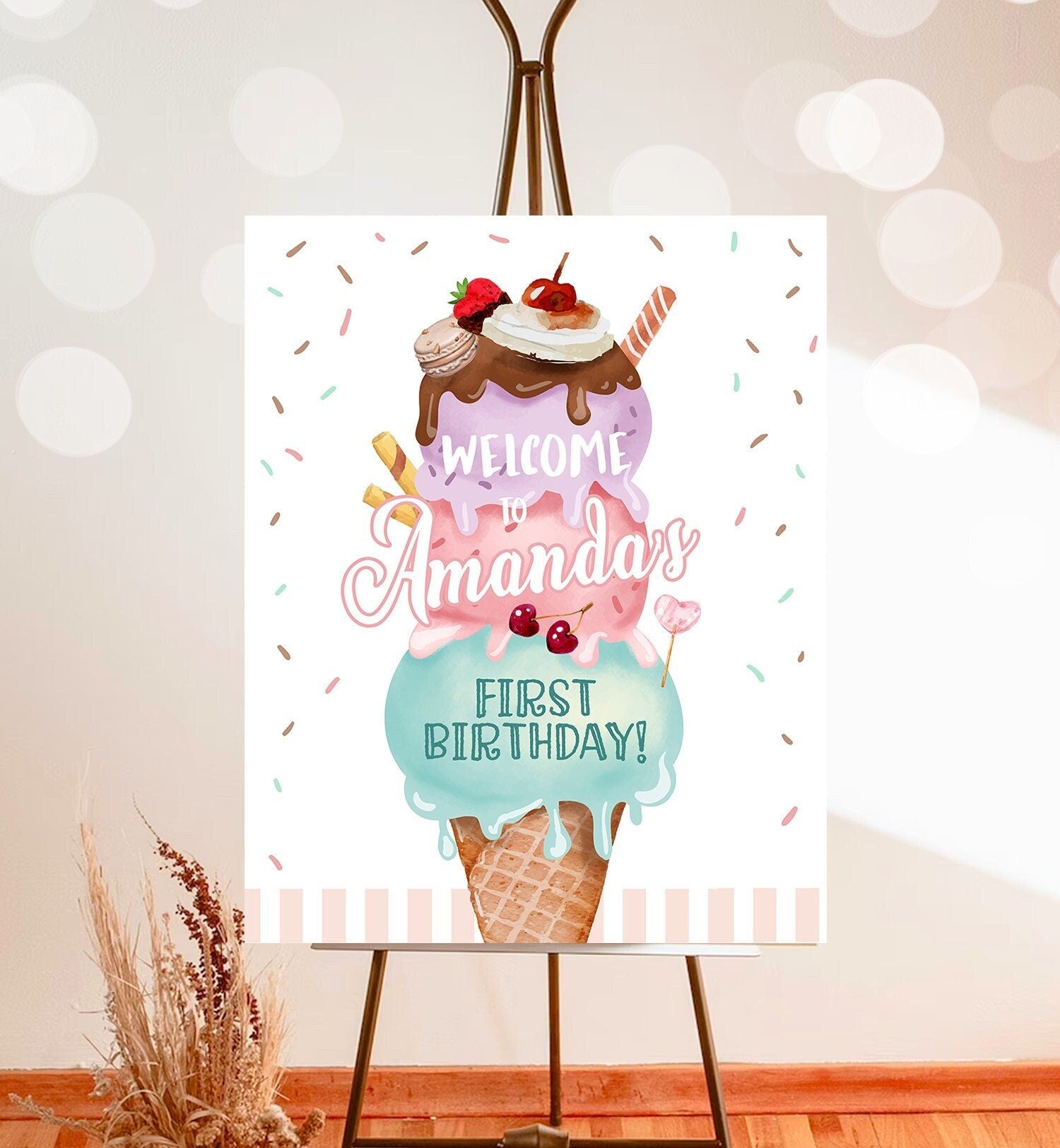 Editable Ice Cream Party Welcome Sign Ice Cream Birthday Welcome Scoop Girl Pink Purple Two Sweet Cream Shop Template PRINTABLE Corjl 0392