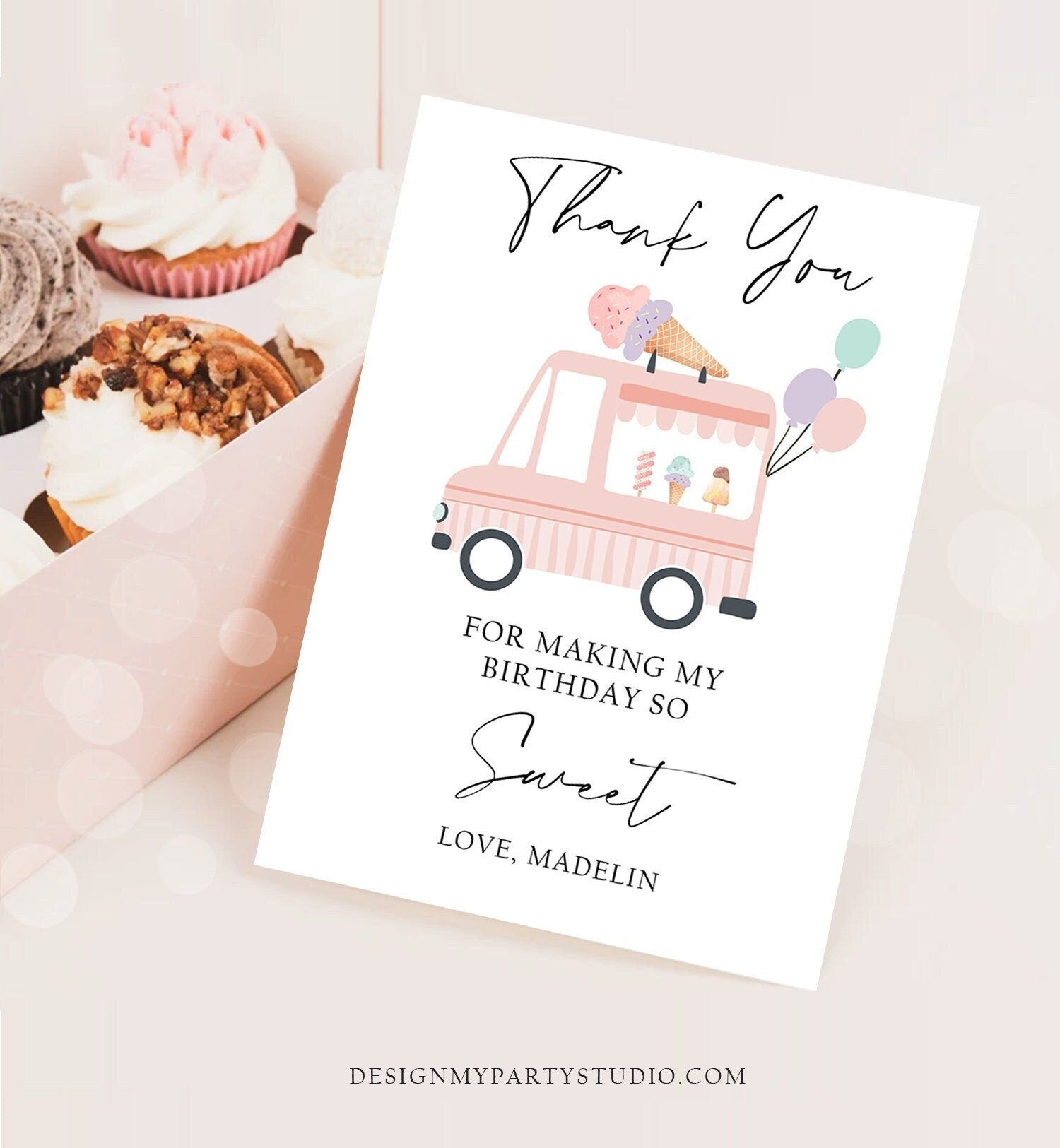 Editable Ice Cream Truck Thank You Card Ice Cream Birthday Thank you Note Girl Birthday Summer Download Printable Template Corjl 0415