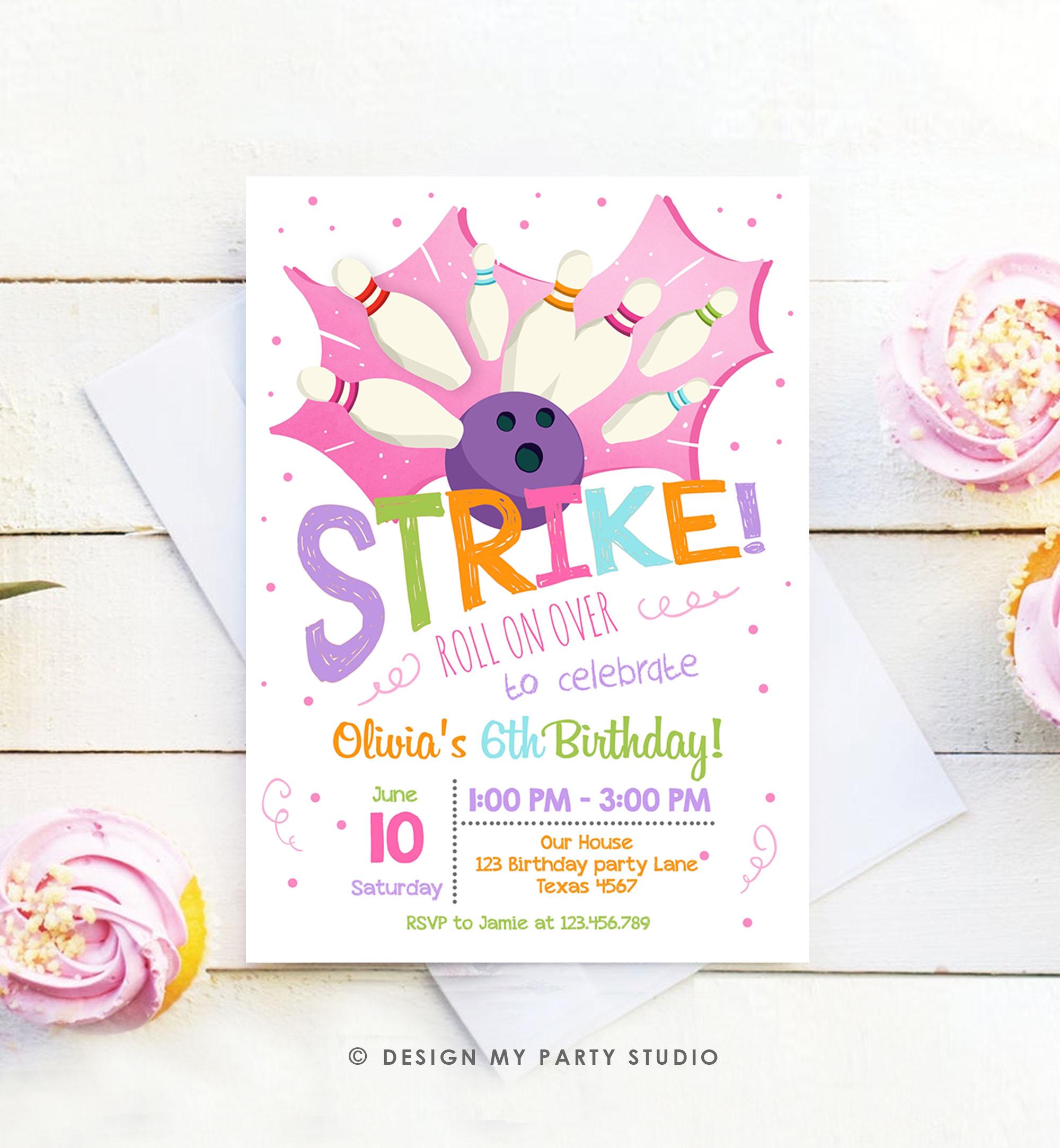 Editable Bowling Birthday Invitation Girl Pink Purple Bowling Party Strike Kids Instant Download Printable Invitation Template Corjl 0081