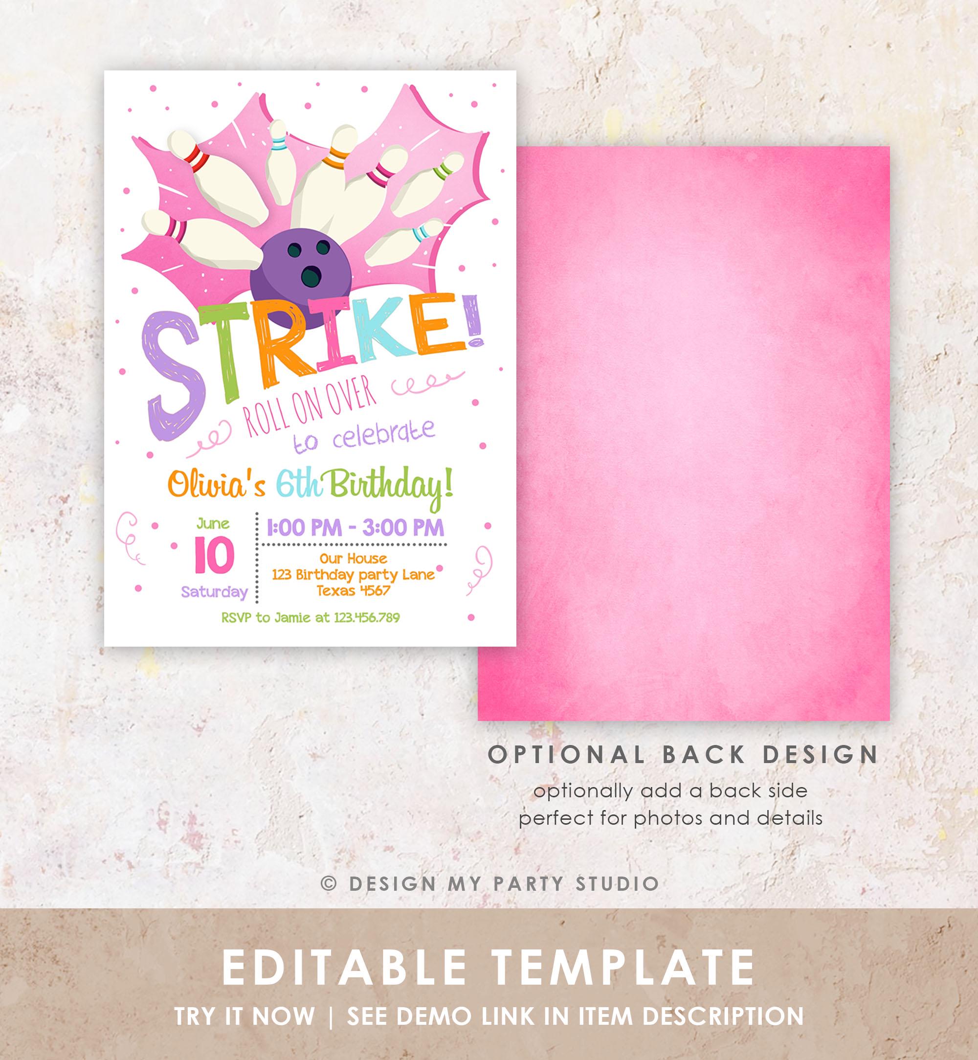 Editable Bowling Birthday Invitation Girl Pink Purple Bowling Party Strike Kids Instant Download Printable Invitation Template Corjl 0081