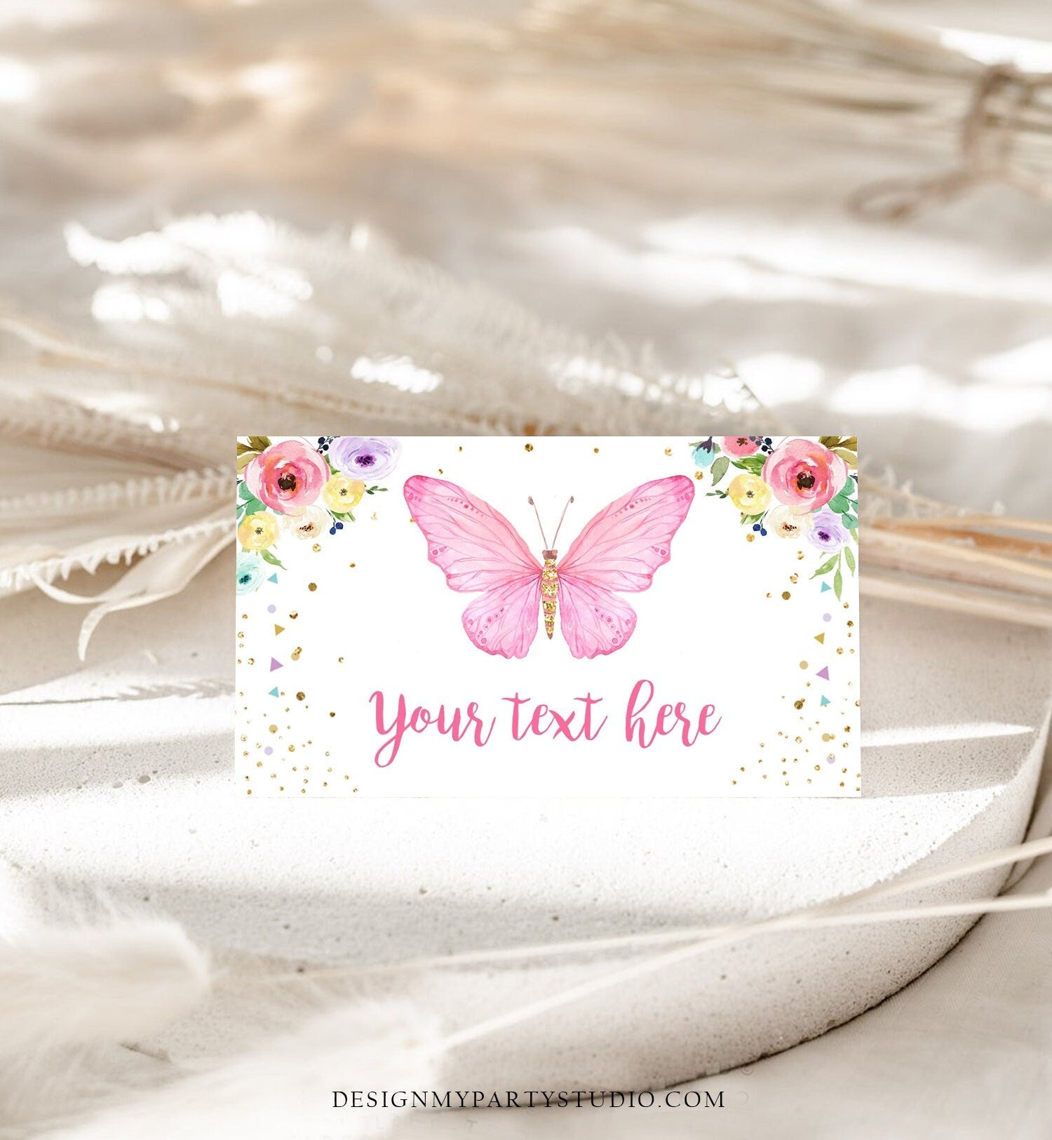 Editable Butterfly Food Labels Floral Butterfly Birthday Food Cards Tent Card Girl Pink Gold Buffet Label Tent Card Template Corjl 0162