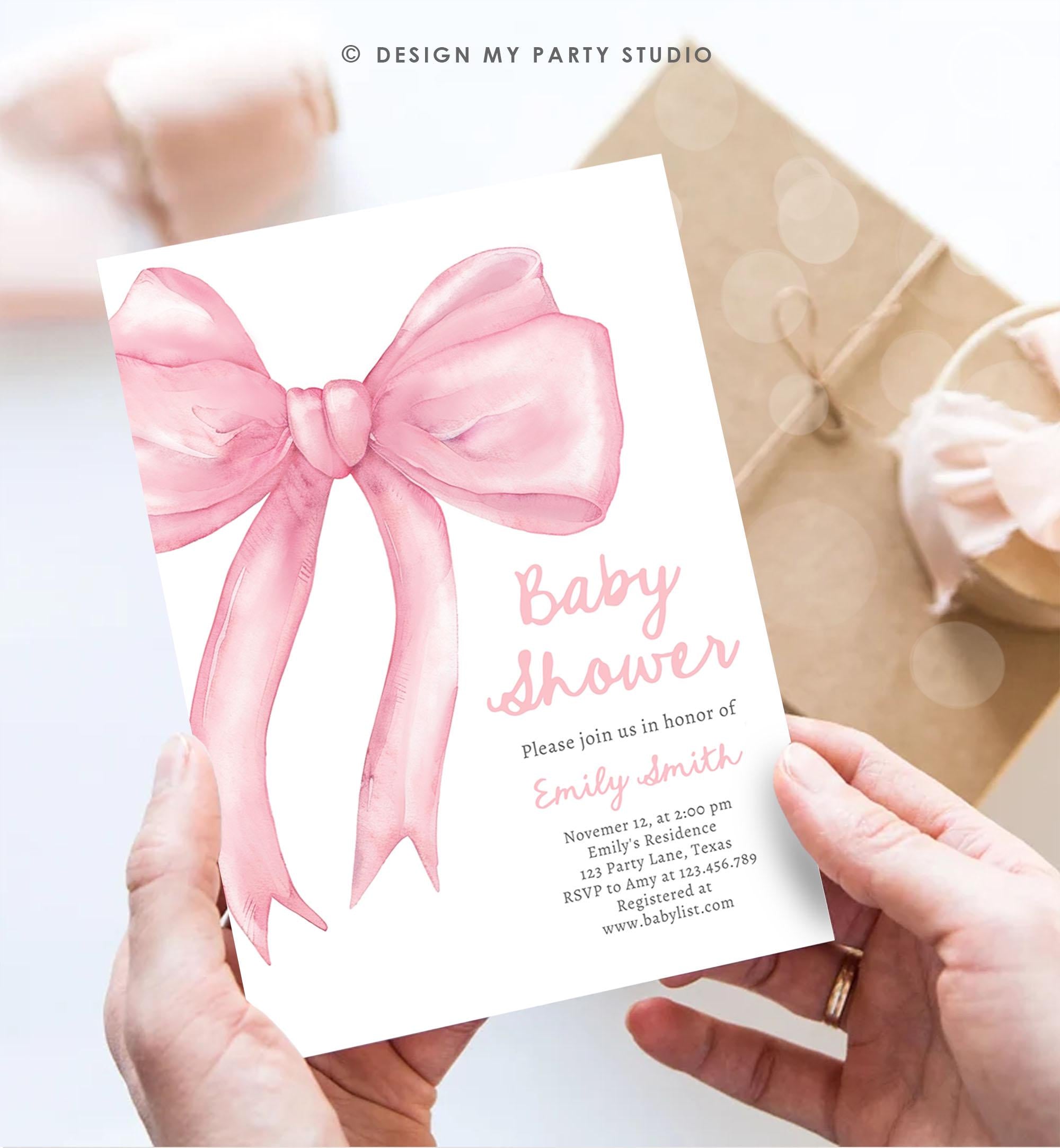 Editable Blush Pink Bow Baby Shower Invitation Girl Coquette Baby Shower Invite Preppy Minimalist Template Digital Download Evite 0527