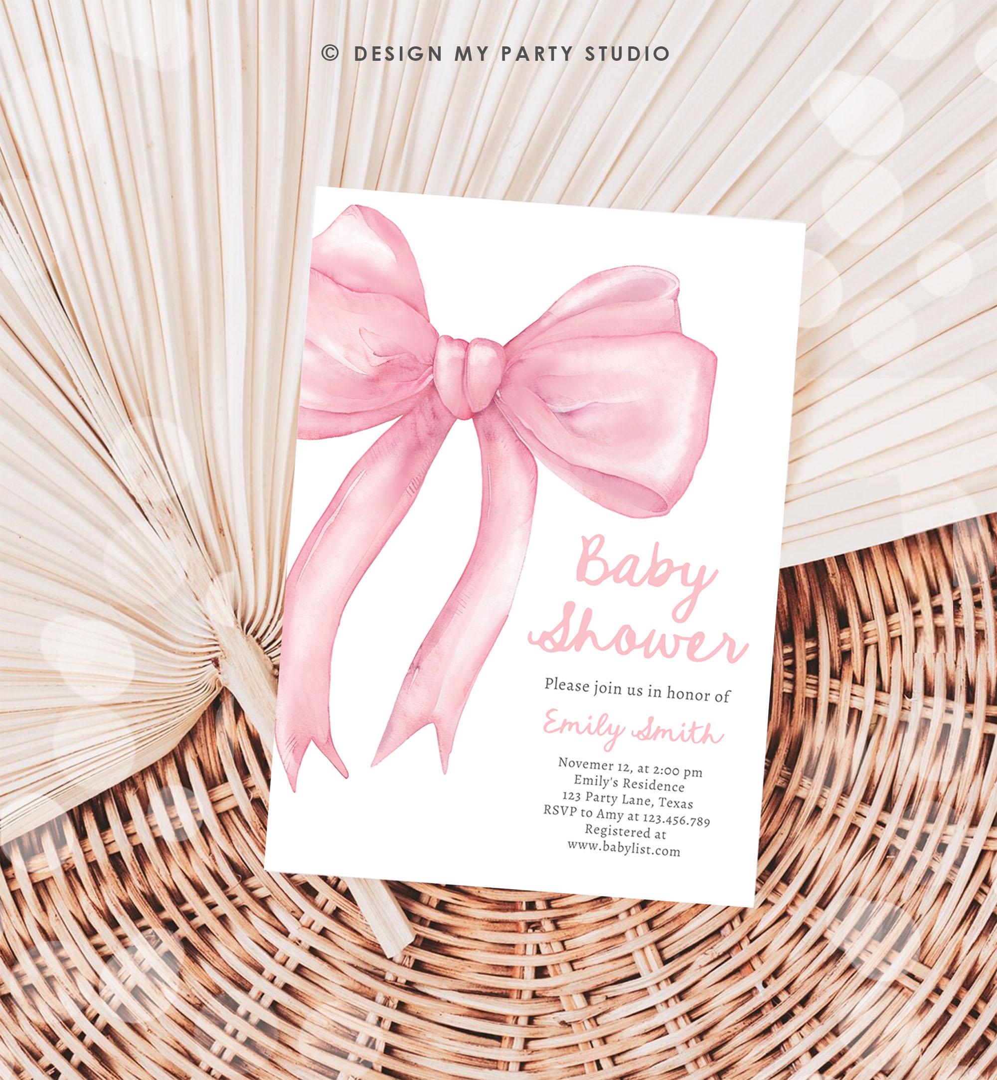 Editable Blush Pink Bow Baby Shower Invitation Girl Coquette Baby Shower Invite Preppy Minimalist Template Digital Download Evite 0527