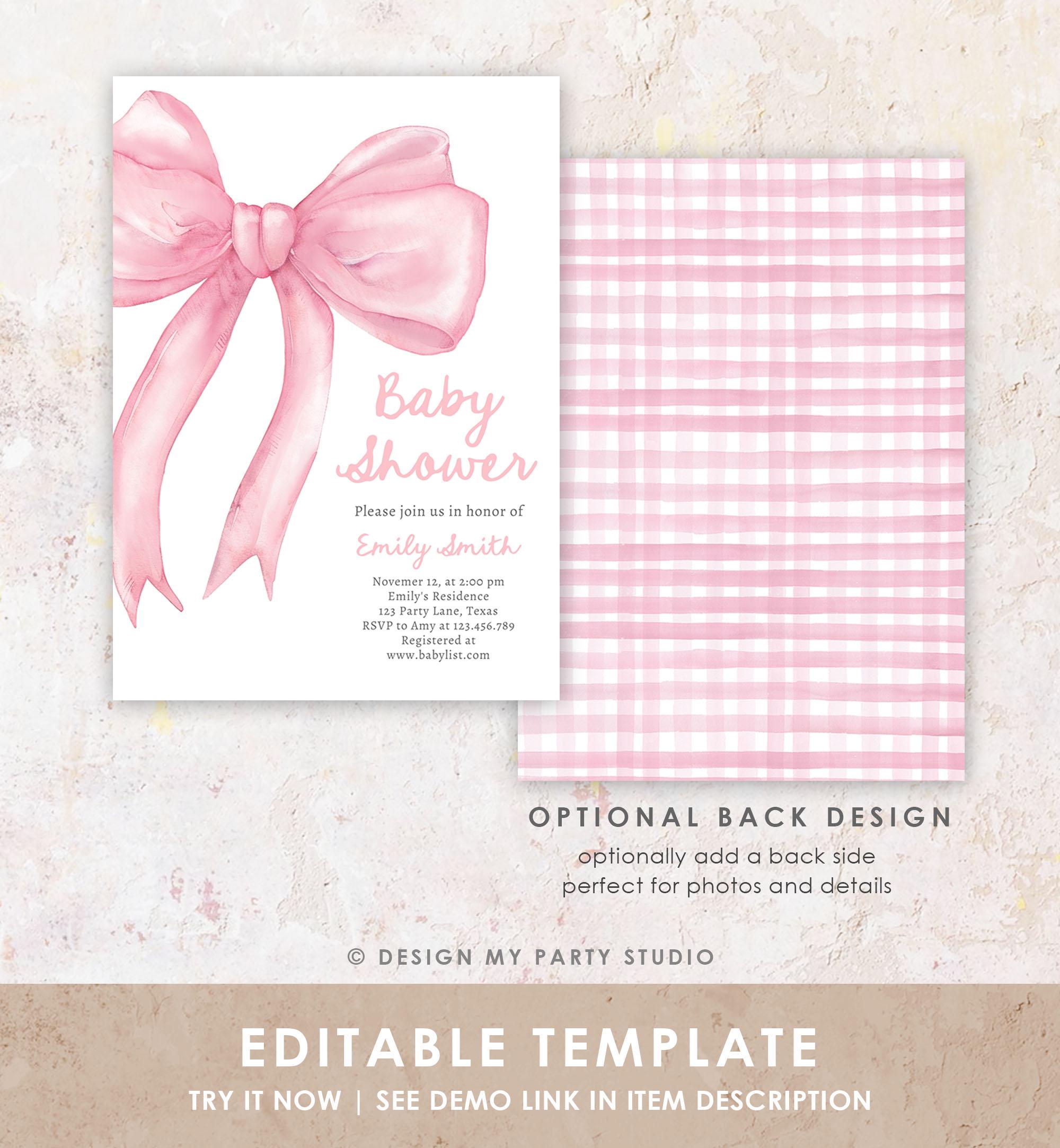 Editable Blush Pink Bow Baby Shower Invitation Girl Coquette Baby Shower Invite Preppy Minimalist Template Digital Download Evite 0527