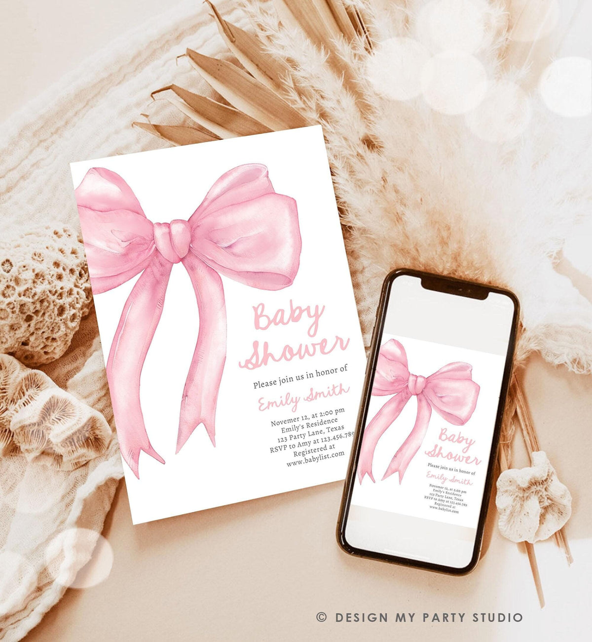 Editable Blush Pink Bow Baby Shower Invitation Girl Coquette Baby Shower Invite Preppy Minimalist Template Digital Download Evite 0527