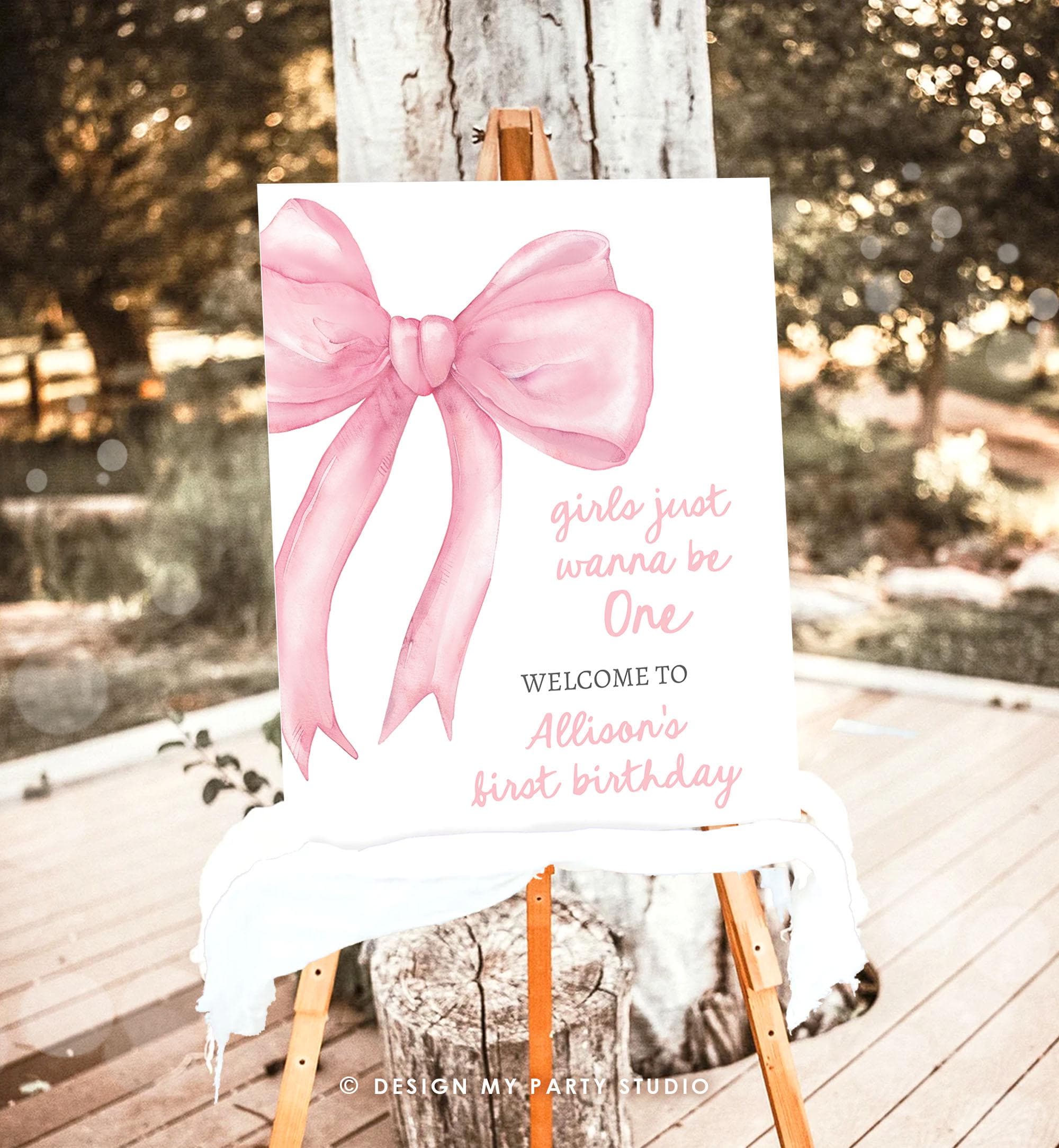 Editable Pink Bow Welcome Sign Girls Just Wanna Be One Birthday Sign Blush Pink Coquette Preppy 1st Minimal Digital Template Printable 0527