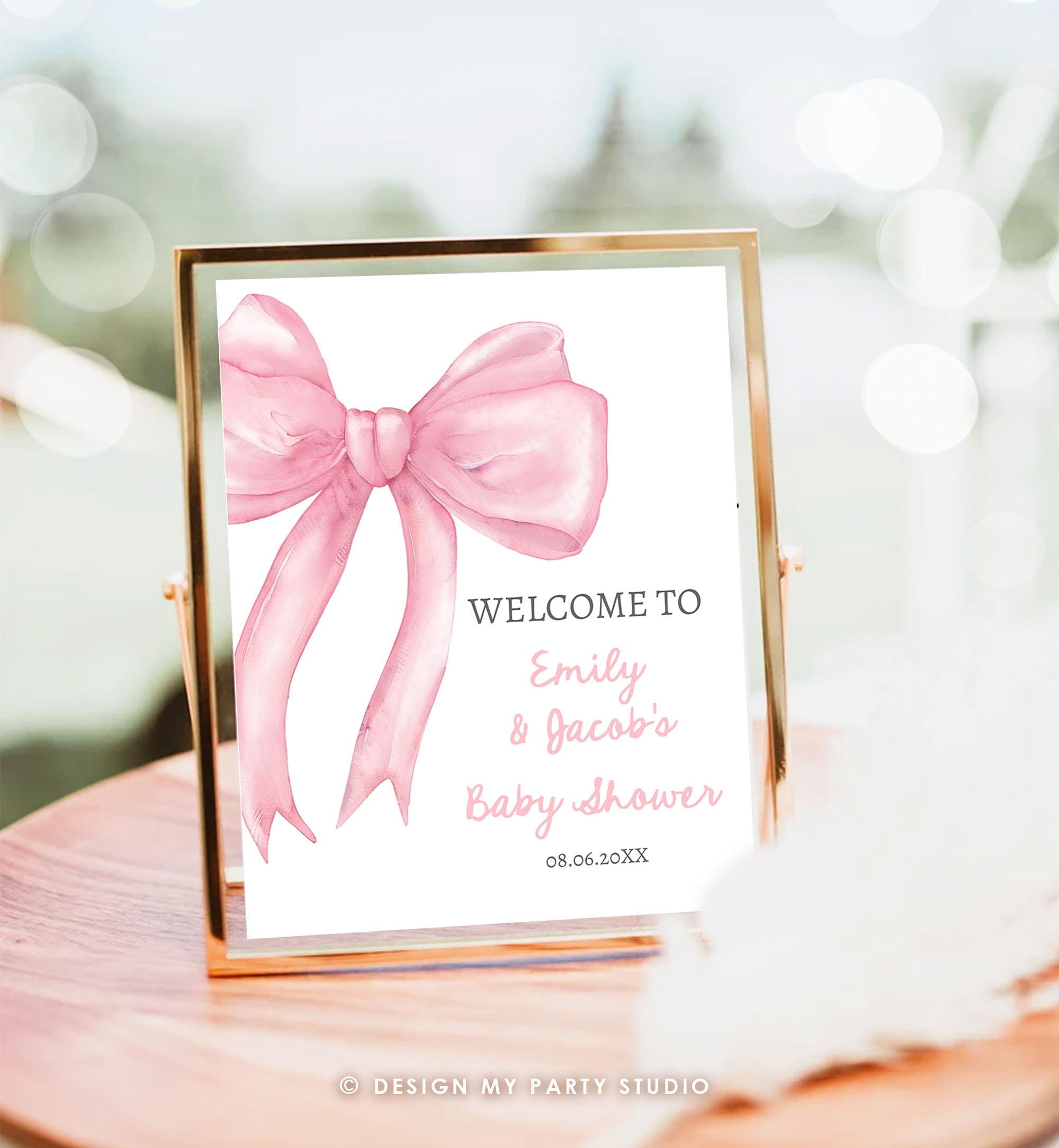 Editable Pink Bow Welcome Sign Baby Shower Girl Blush Pink Coquette Preppy Minimalist Ribbon 1st Birthday Digital Template Printable 0527