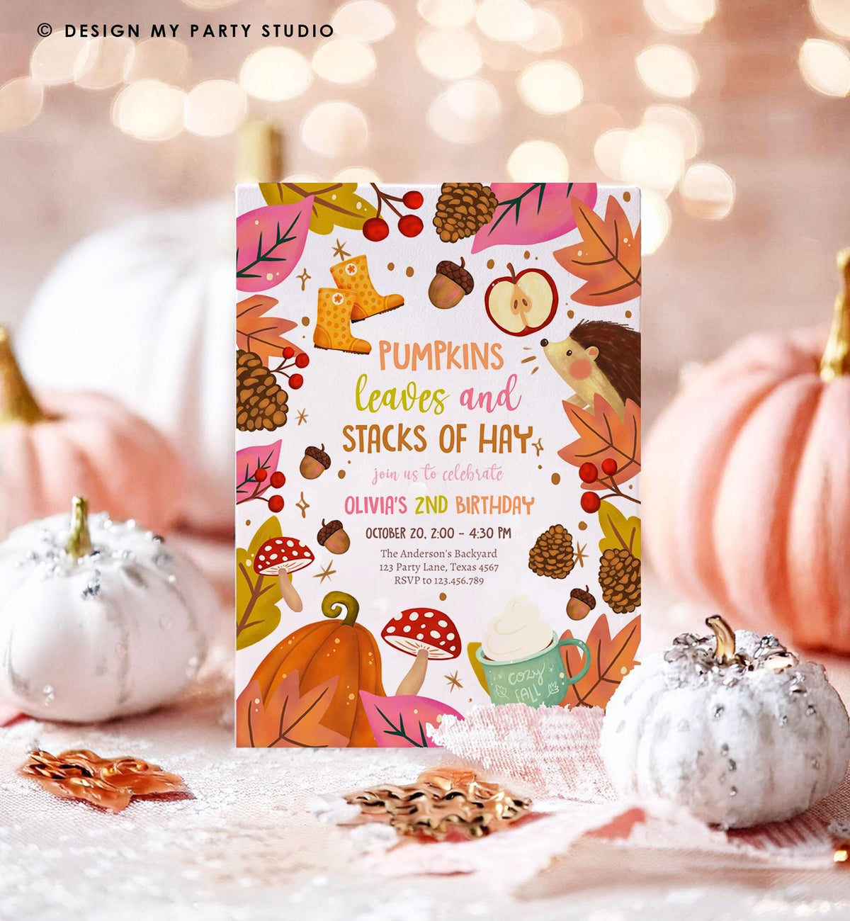 Editable Fall Birthday Invitation Little Pumpkin Patch Autumn Leaves Stacks of Hay Girl Pink Digital Download Template Evite Printable 0516