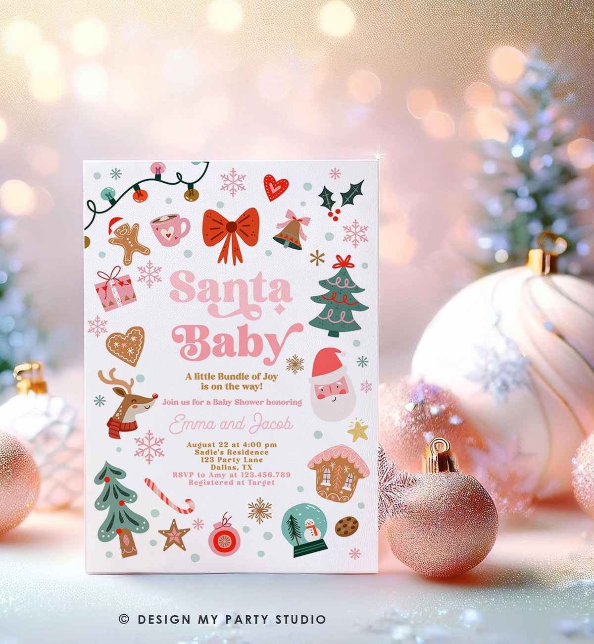 Editable Christmas Baby Shower Invitation Santa Baby Merry Little Baby Shower Red and Pink Girl Template Digital Download Evite 0529