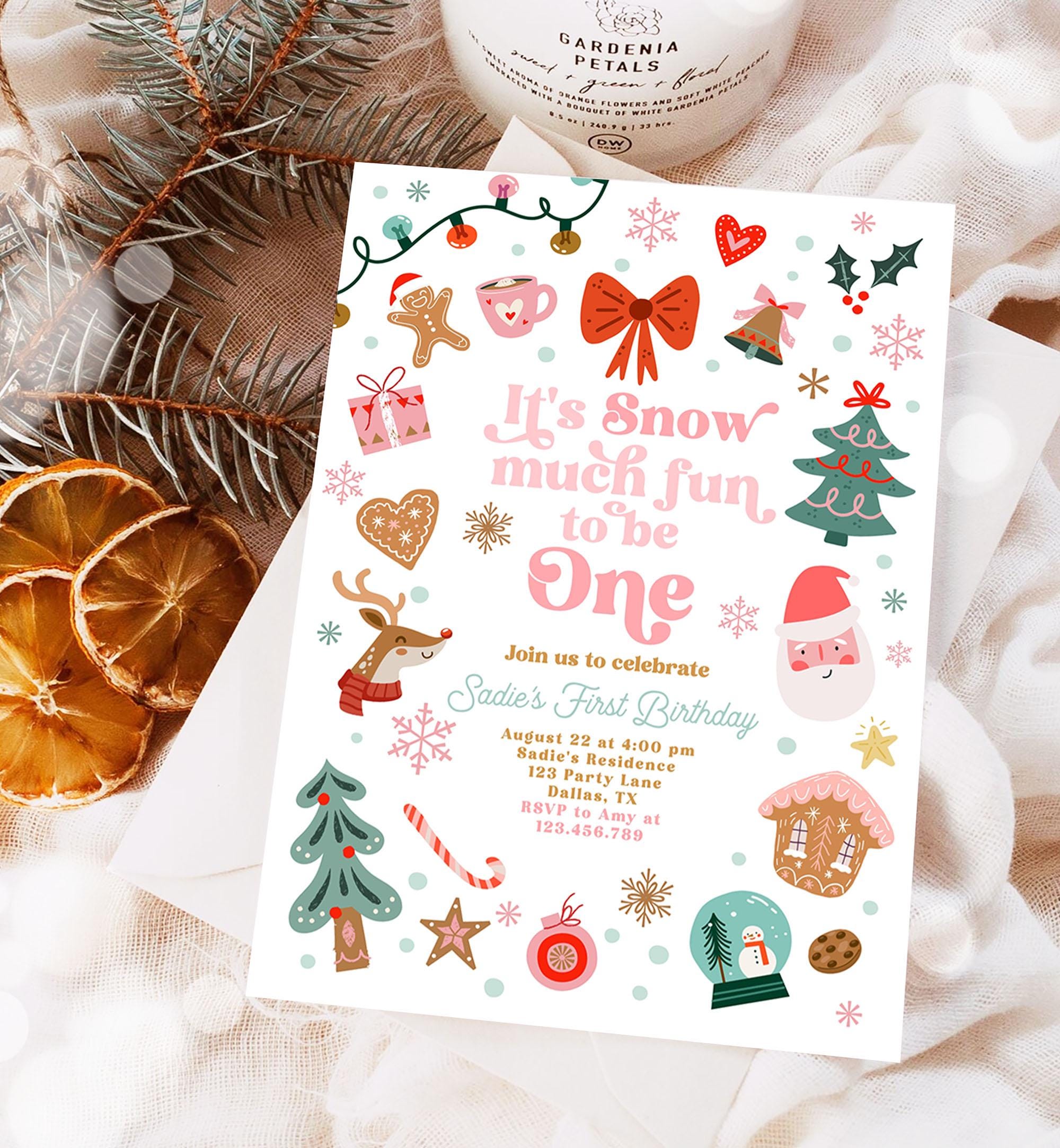 Editable Snow Much Fun To Be One Christmas Birthday Party Invitation Pink Girl Winter 1st Birthday Evite Template Download Printable 0529