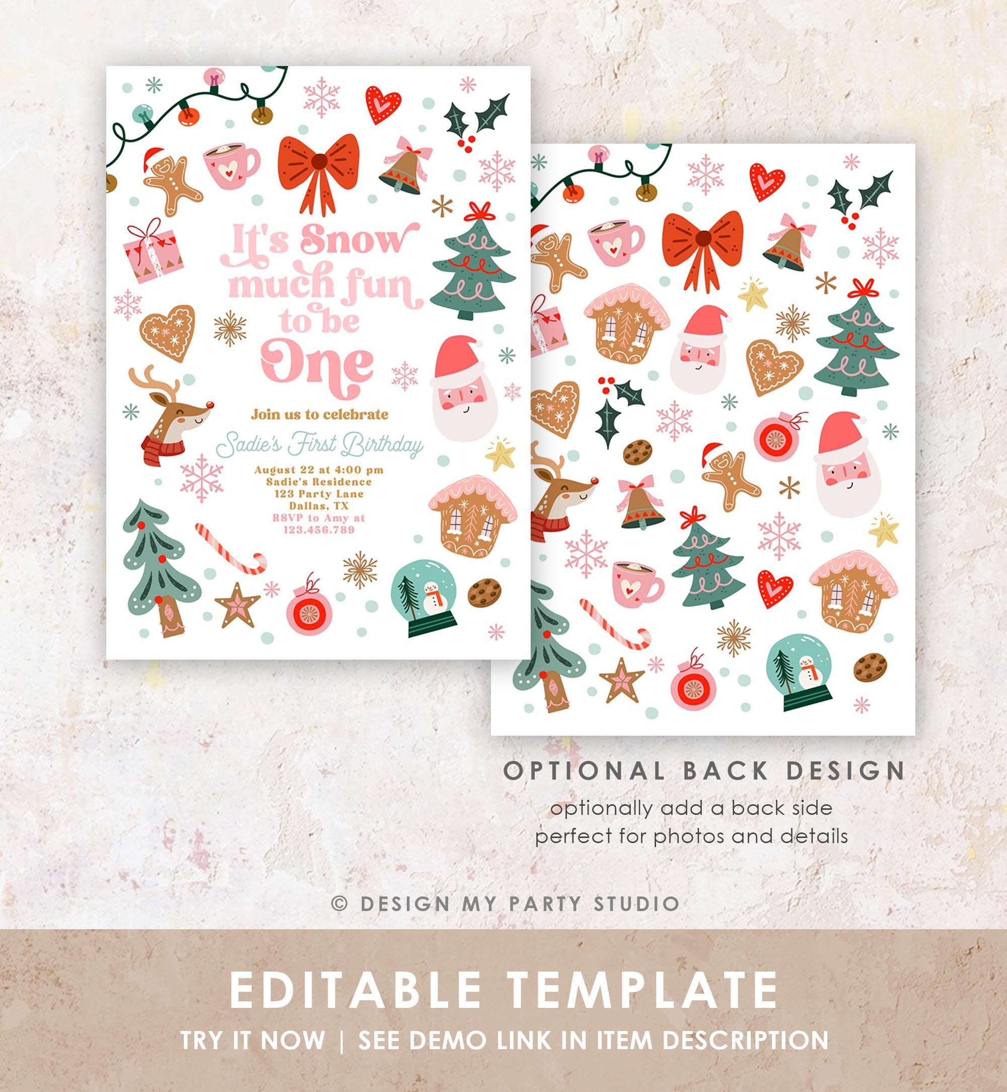 Editable Snow Much Fun To Be One Christmas Birthday Party Invitation Pink Girl Winter 1st Birthday Evite Template Download Printable 0529