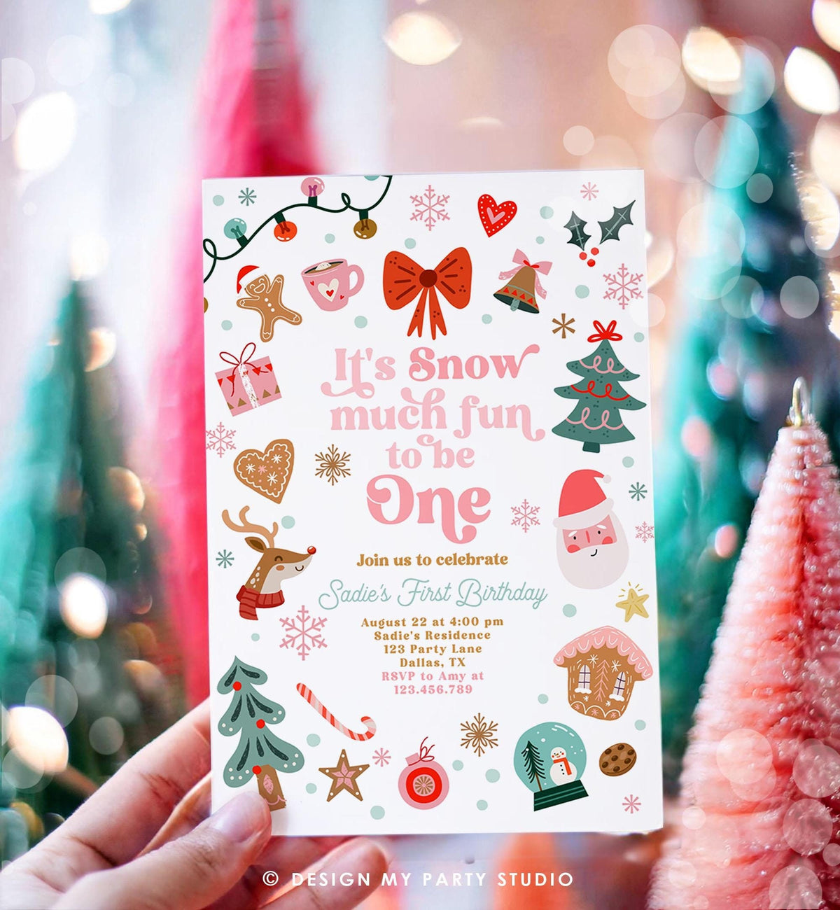 Editable Snow Much Fun To Be One Christmas Birthday Party Invitation Pink Girl Winter 1st Birthday Evite Template Download Printable 0529