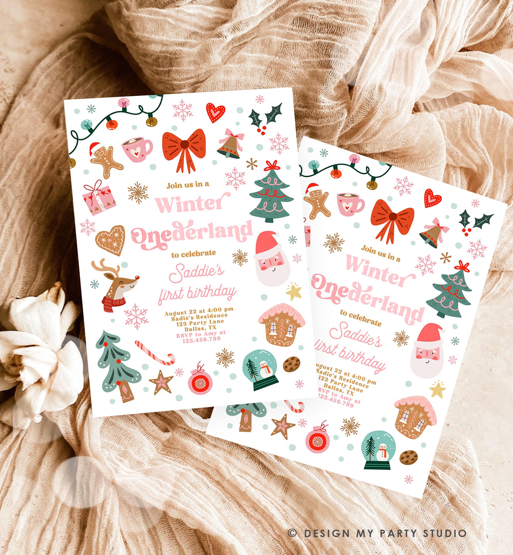 Editable Winter Onederland Birthday Invitation Christmas Birthday Red and Pink Girl 1st Birthday Evite Template Download Printable 0529