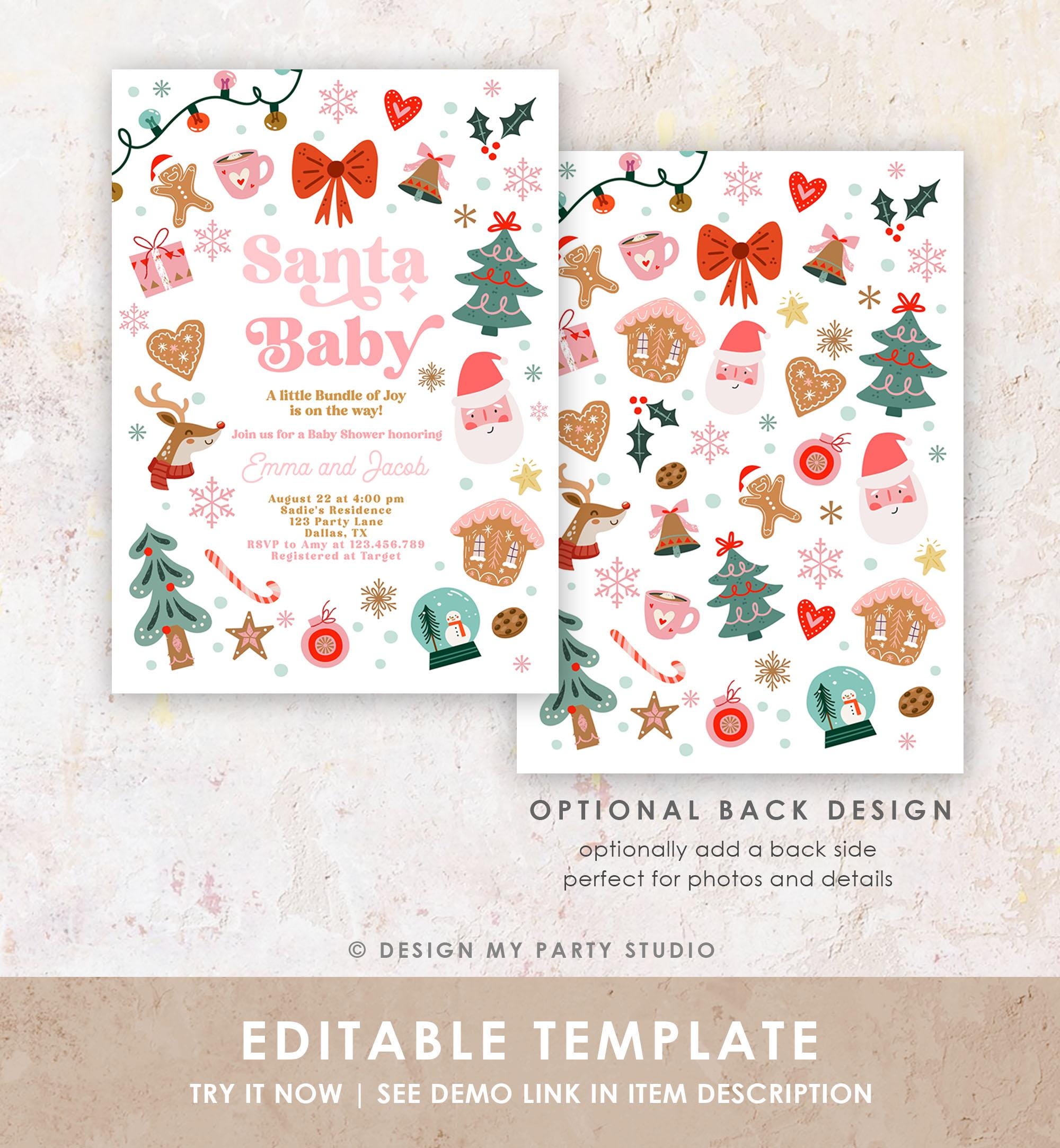 Editable Christmas Baby Shower Invitation Santa Baby Merry Little Baby Shower Red and Pink Girl Template Digital Download Evite 0529