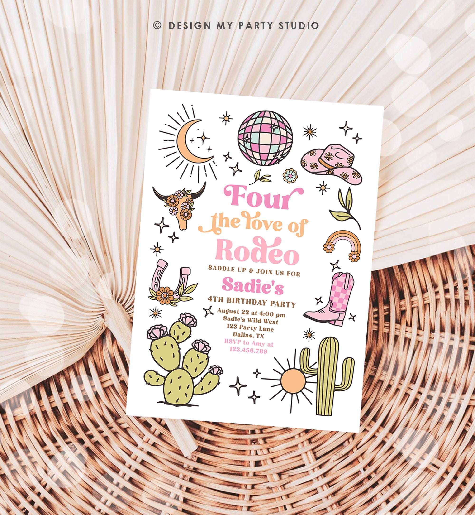 Editable Four the Love of Rodeo Birthday Invitation Cowgirl Disco Pink Cowgirl Party Wild Nashville Download Printable Template Evite 0519