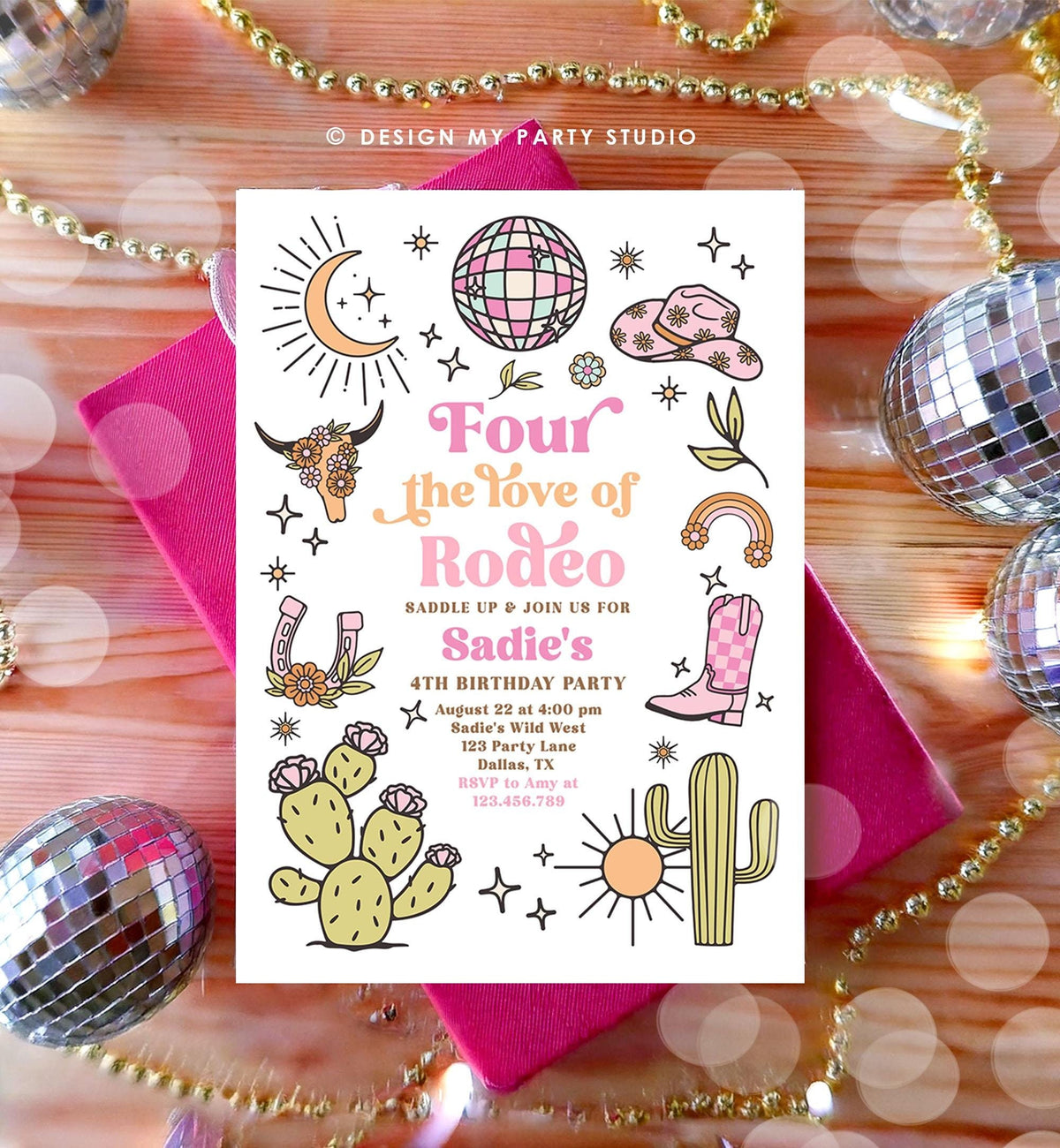 Editable Four the Love of Rodeo Birthday Invitation Cowgirl Disco Pink Cowgirl Party Wild Nashville Download Printable Template Evite 0519