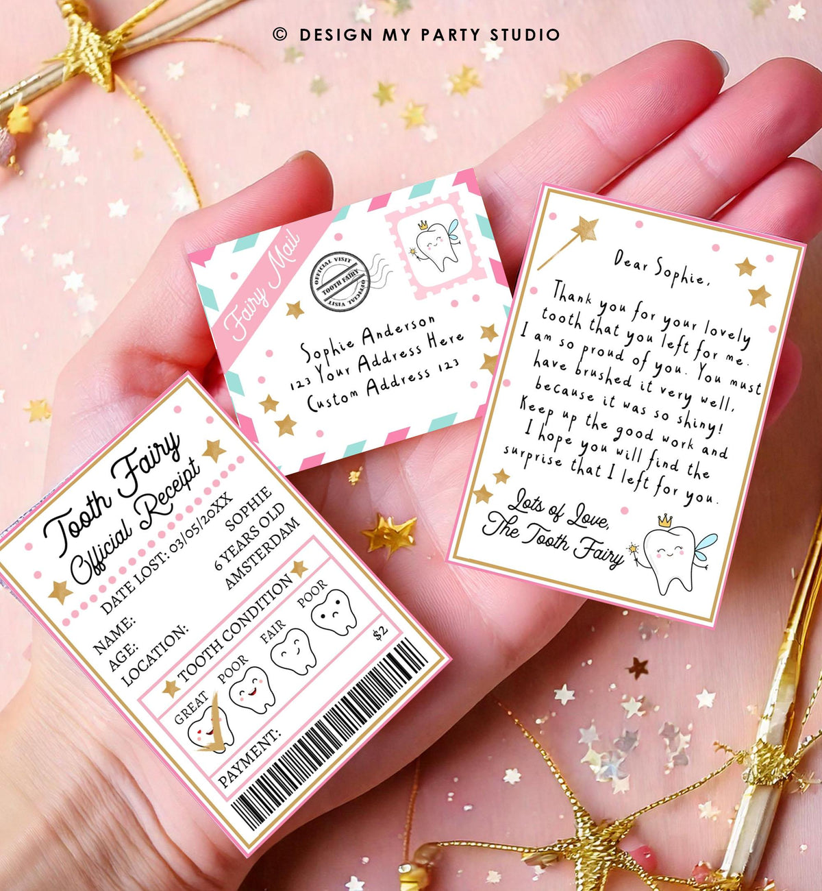 Editable Mini Tooth Fairy Set Pink Receipt and Letter with Envelope Tooth Fairy Kit Lost Tooth Fairy Note Digital Template Printable 0526