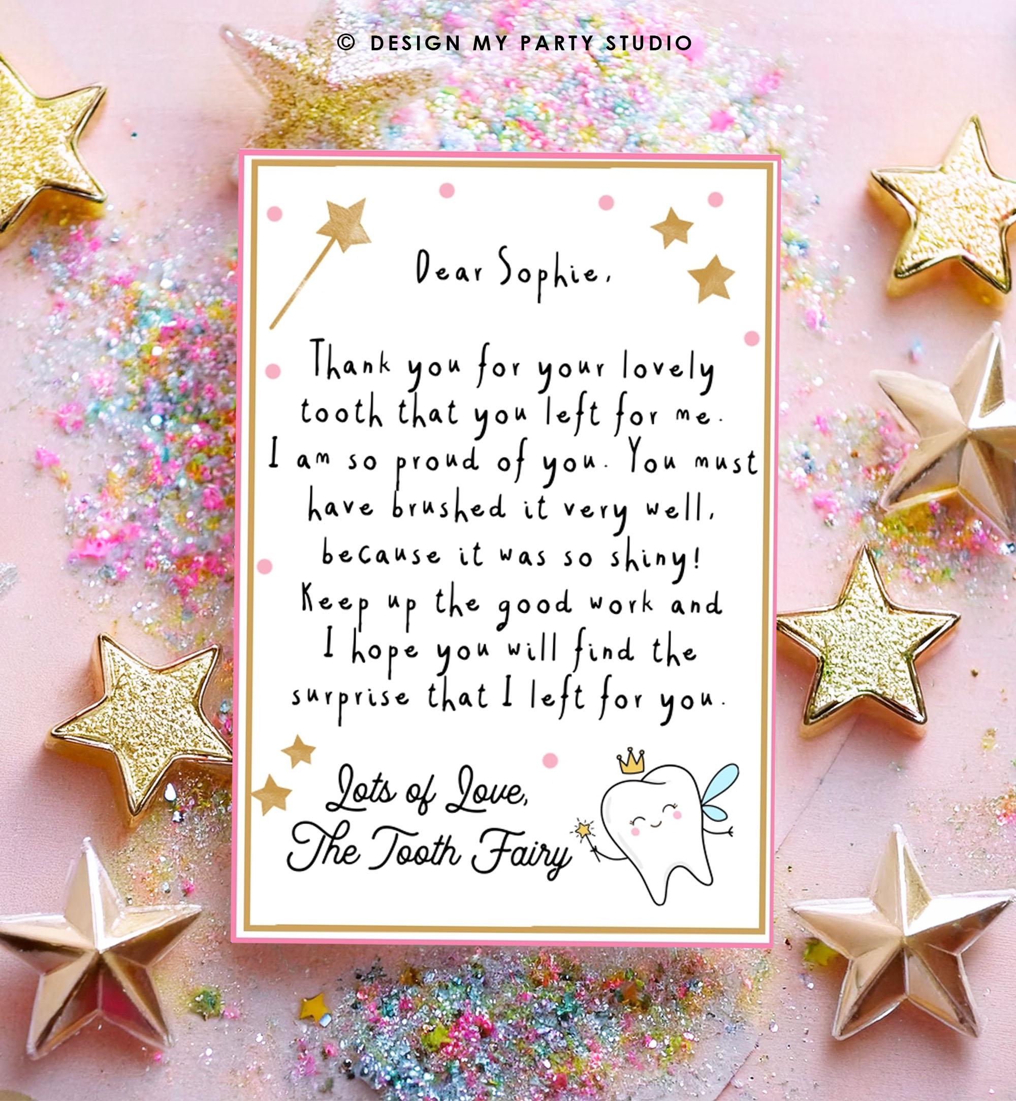 Editable Mini Tooth Fairy Set Pink Receipt and Letter with Envelope Tooth Fairy Kit Lost Tooth Fairy Note Digital Template Printable 0526