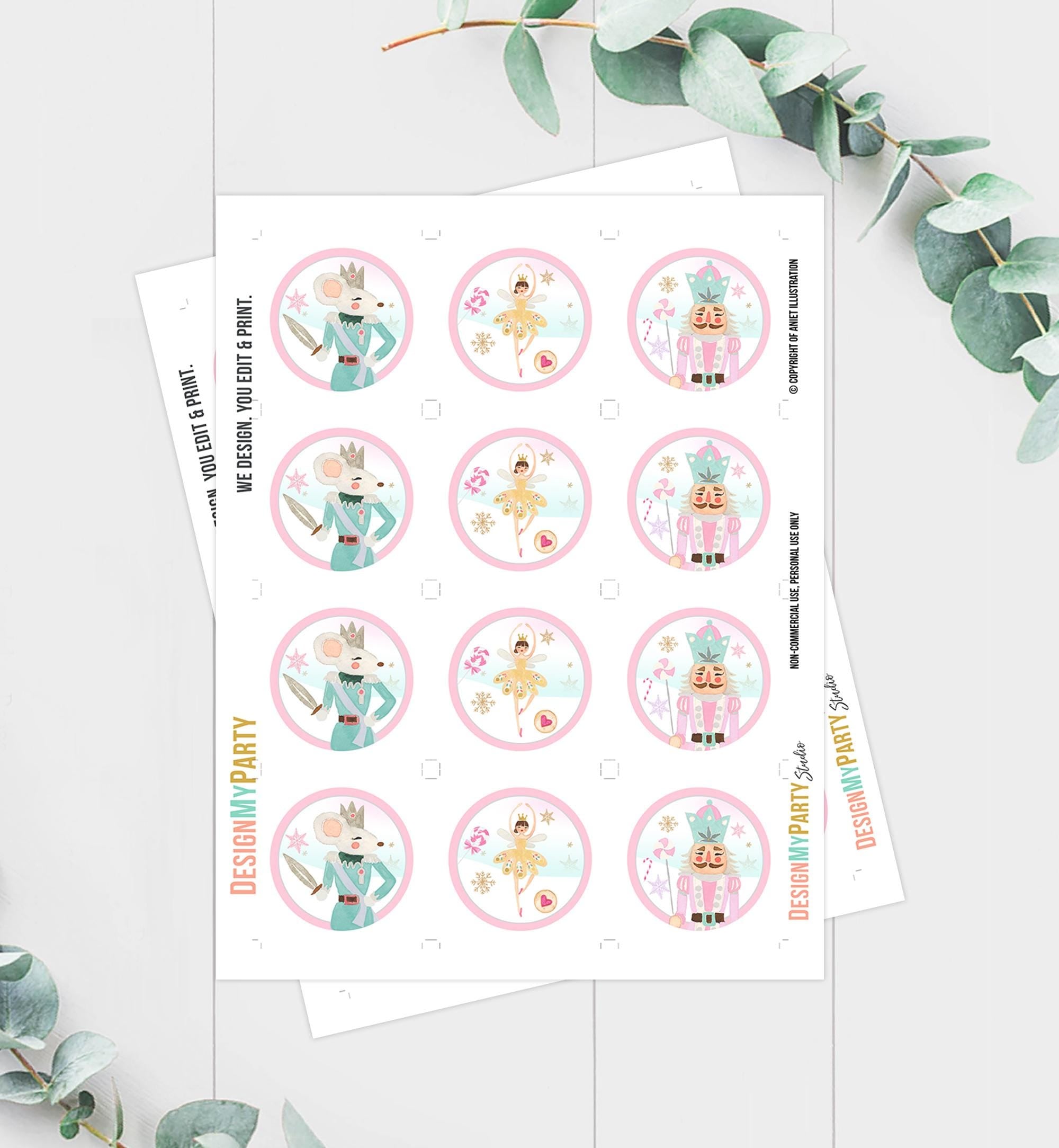 Nutcracker Cupcake Toppers Nutcracker Birthday Party Decorations Sugar Plum Fairy Girl Pink Gold Sticker Tag Digital Download Printable 0352