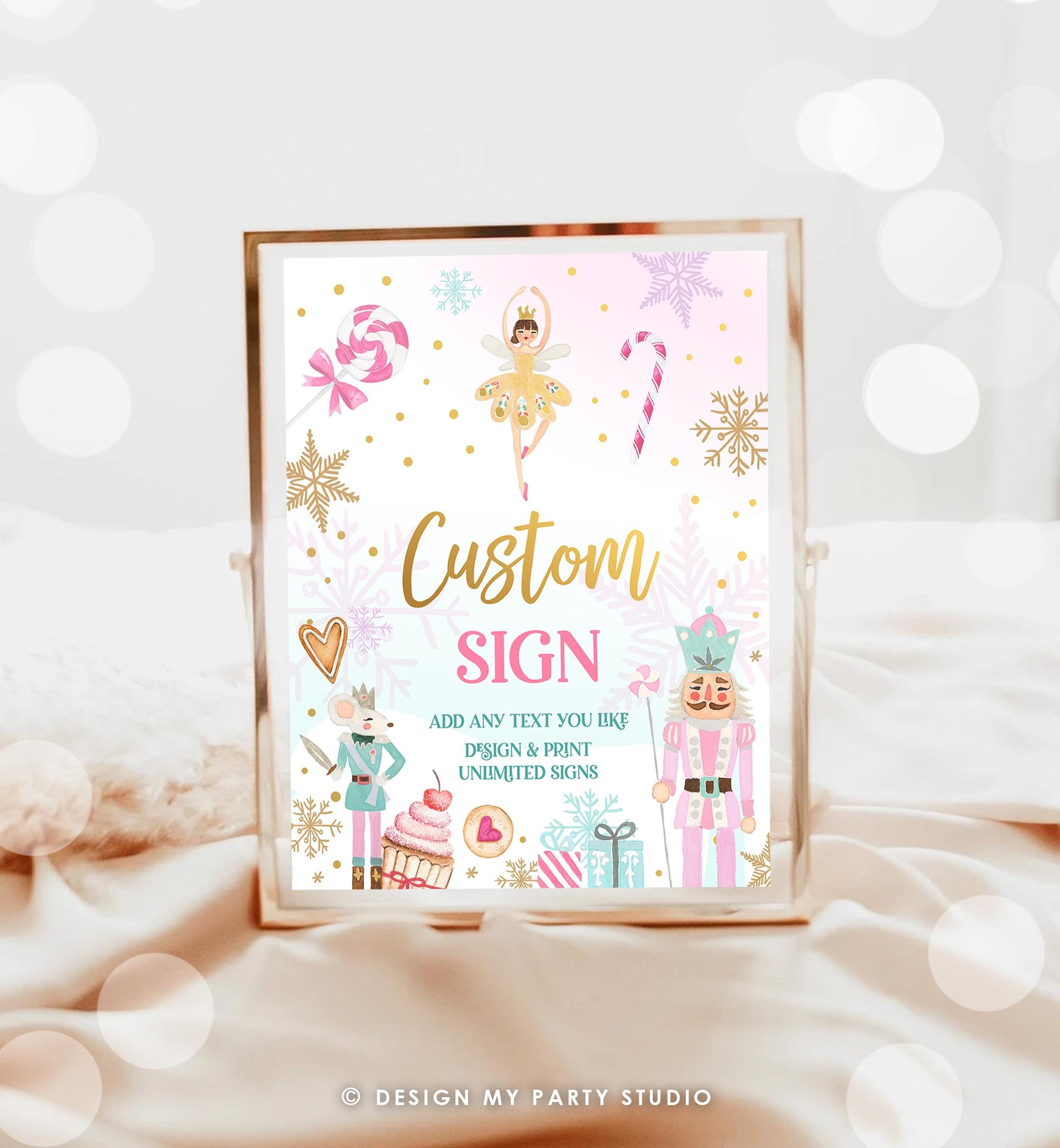 Editable Custom Sign Nutcracker Birthday Decor Land of Sweets Party Sugar Plum Fairy Girl Pink Gold Table Digital Template Printable 0352