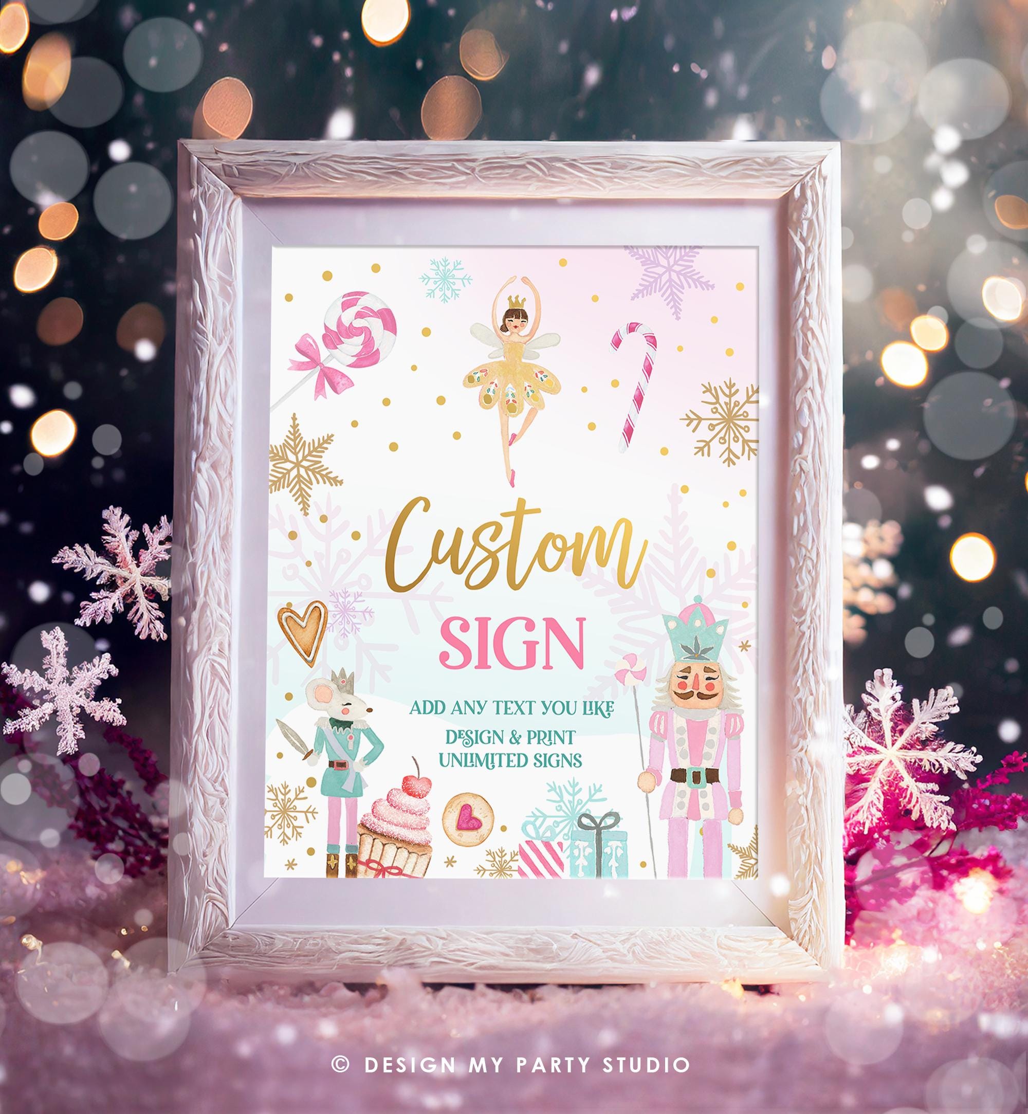 Editable Custom Sign Nutcracker Birthday Decor Land of Sweets Party Sugar Plum Fairy Girl Pink Gold Table Digital Template Printable 0352