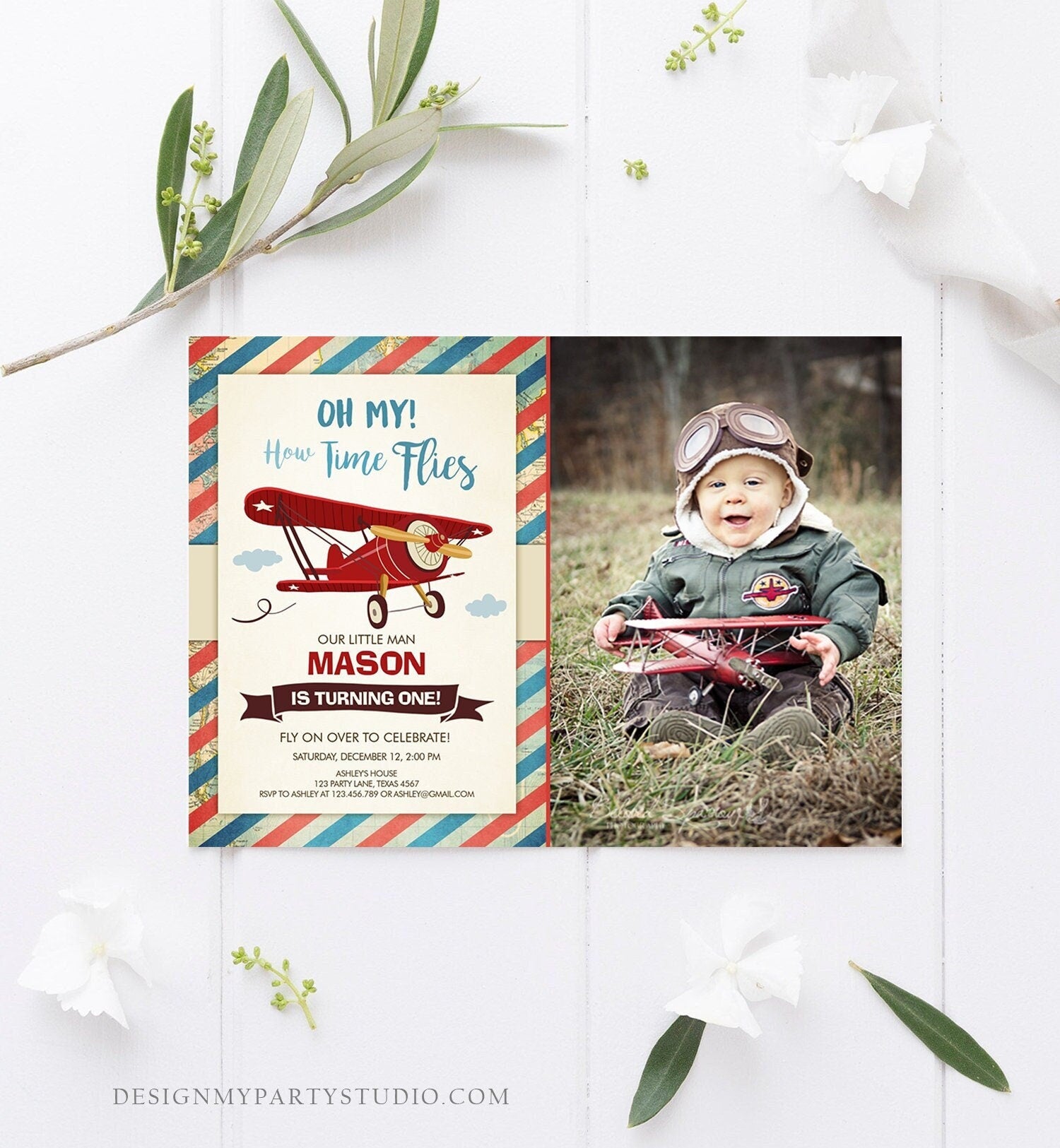 Editable Airplane Birthday Invitation Oh My Time Flies Red Airplane First Birthday Plane Vintage Download Corjl Template Printable 0011