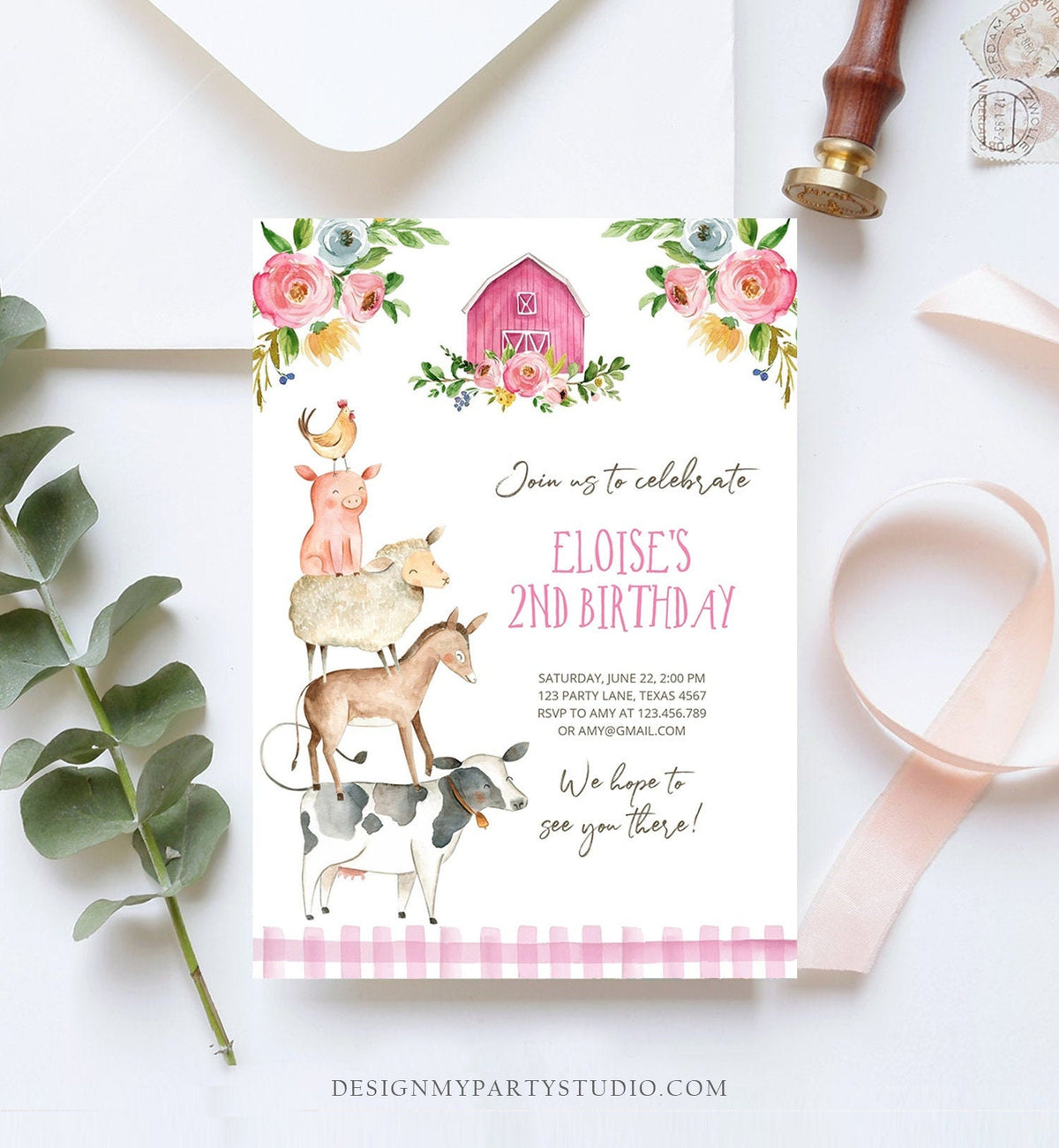 Editable Farm Animals Birthday Invitation Girl Party Animals Pink Floral Barnyard Party Digital Download Corjl Template Printable 0155