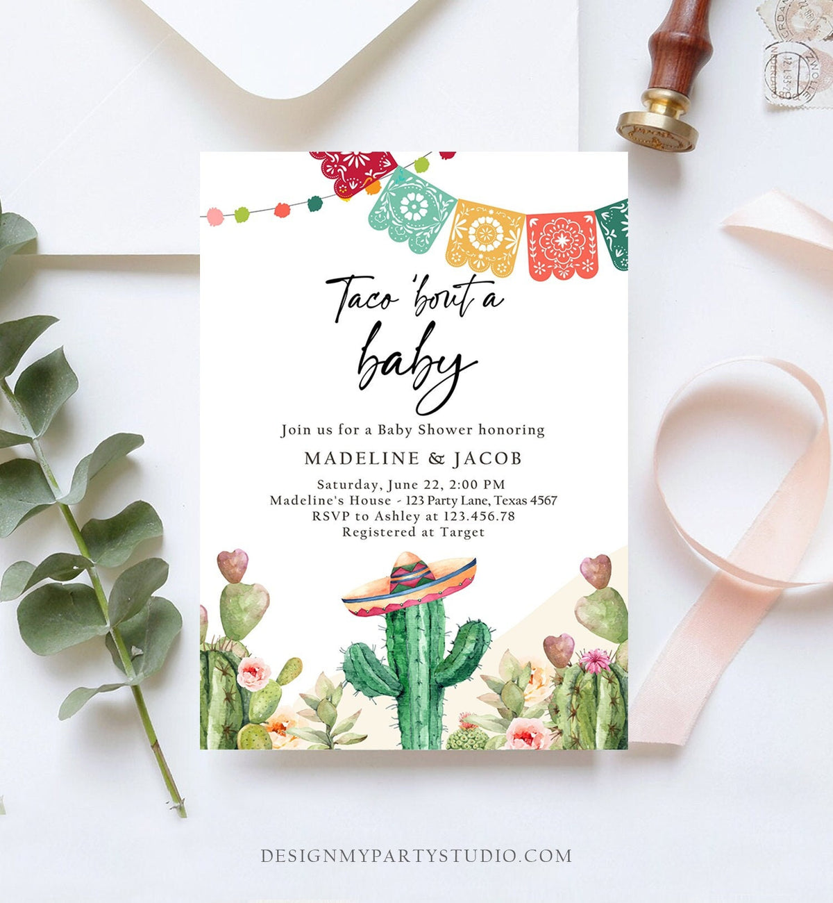 Editable Taco Bout a Baby Shower Invitation Cactus Mexican Fiesta Baby Shower Desert Floral Download Printable Invite Template Corjl 0404