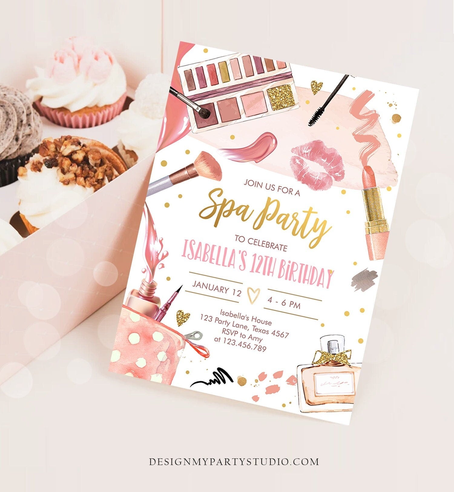 Editable Spa Makeup Birthday Invitation Glam Party Girl Birthday Tween Spa Party Invite Pink Gold Download Printable Template Corjl 0420