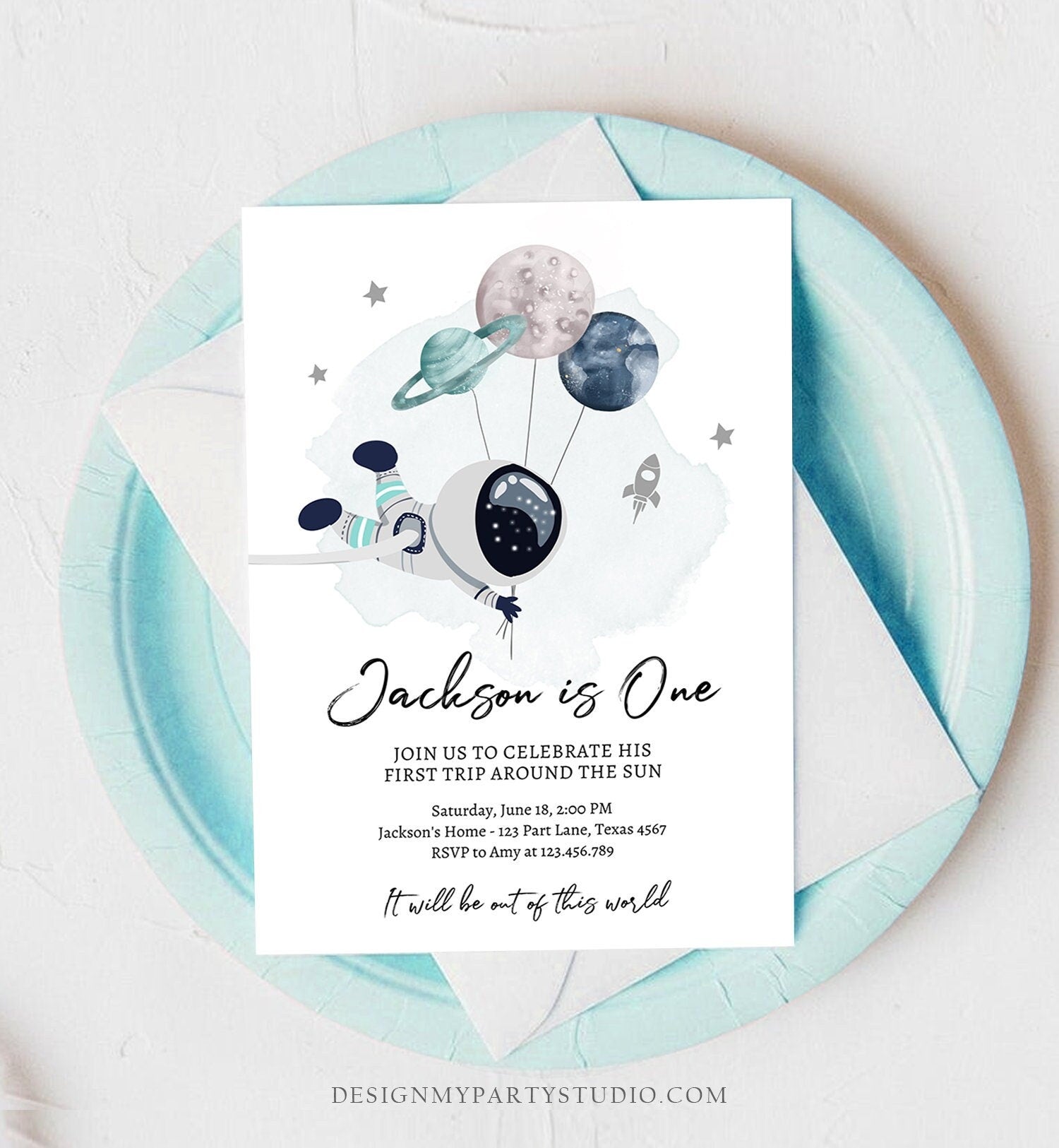 Editable Outer Space Birthday Invitation Out of this World Astronaut Trip Around the Sun Download Printable Template Digital Corjl 0366