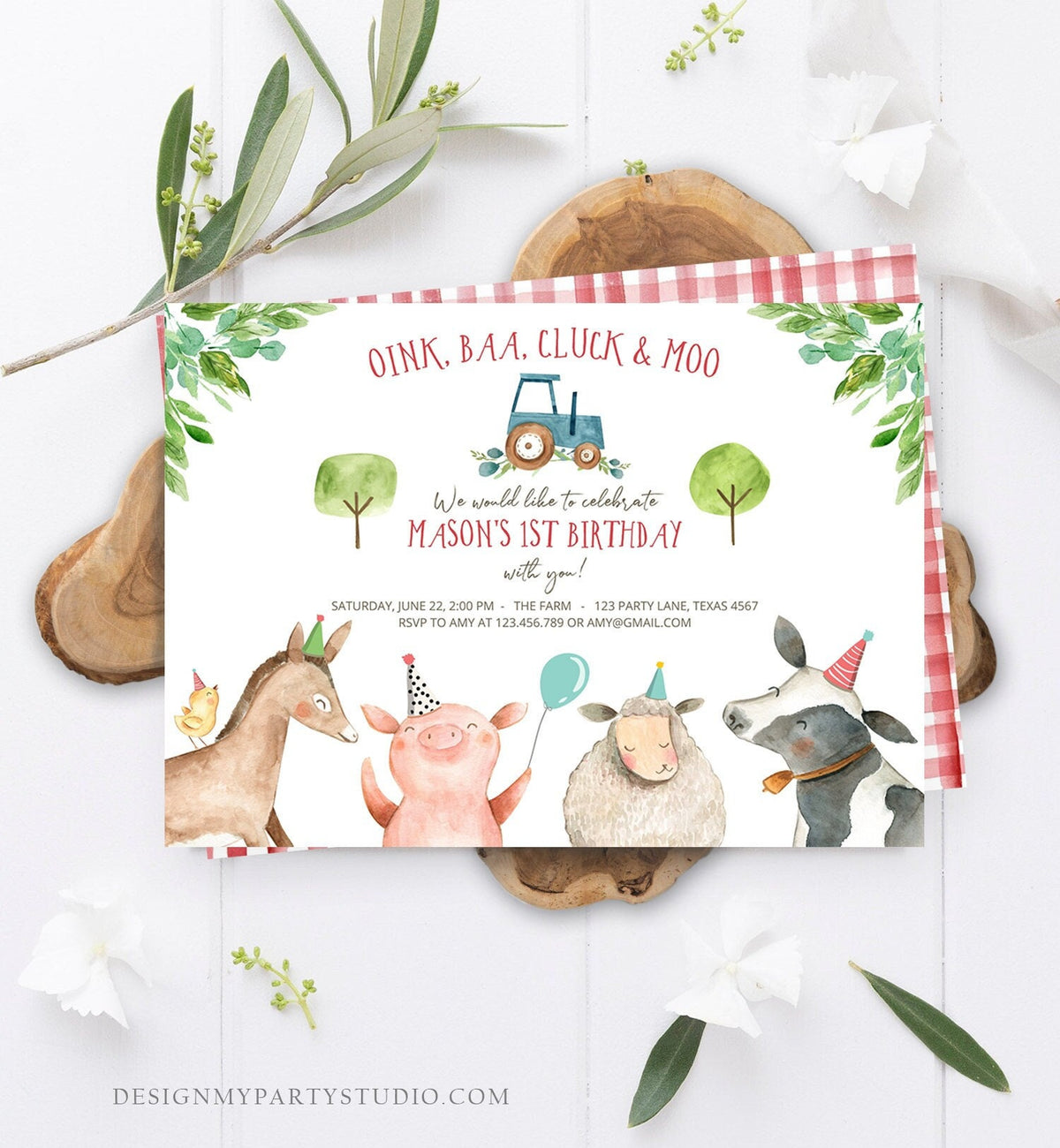 Editable Farm Birthday Invitation Boy Farm Animals Tractor Barnyard Barn Birthday Party Animals Digital Corjl Template Printable 0155