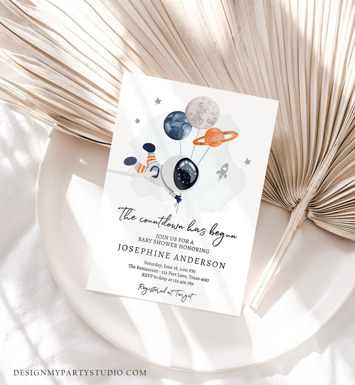 Editable Space Baby Shower Invitation Galaxy Outer Space It&#39;s a Boy Gold Planets Moon Countdown Invite Template Instant Download Corjl 0366