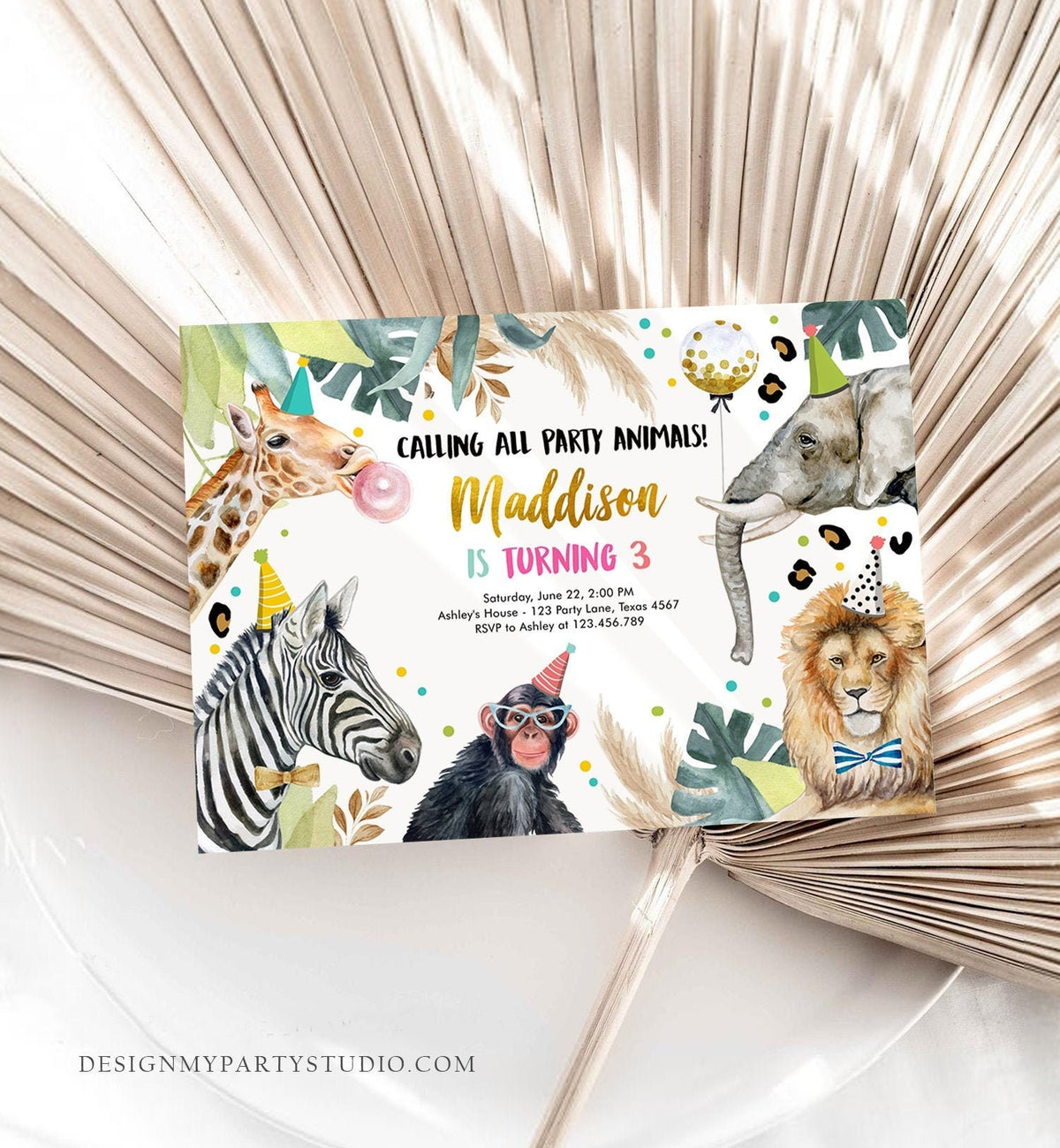 Editable Party Animals Birthday Invitation Wild One Animals Invitation Zoo Safari Animals Girl Download Printable Invite Template Corjl 0417