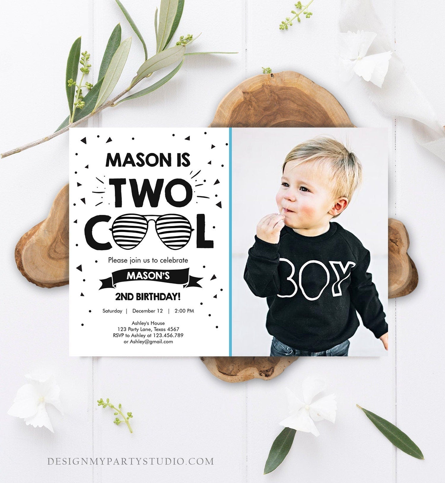 Editable Two Cool Birthday Invitation Boy Second Birthday Party 2nd I'm this Many I'm Two Cool Sunglasses Palm Printable Corjl Template 0136