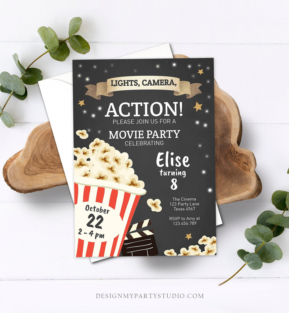 Editable Movie Night Birthday Invitation Boy Girl Movie Invite Cinema Party Backyard Movie Popcorn Download Printable Template Corjl 0182