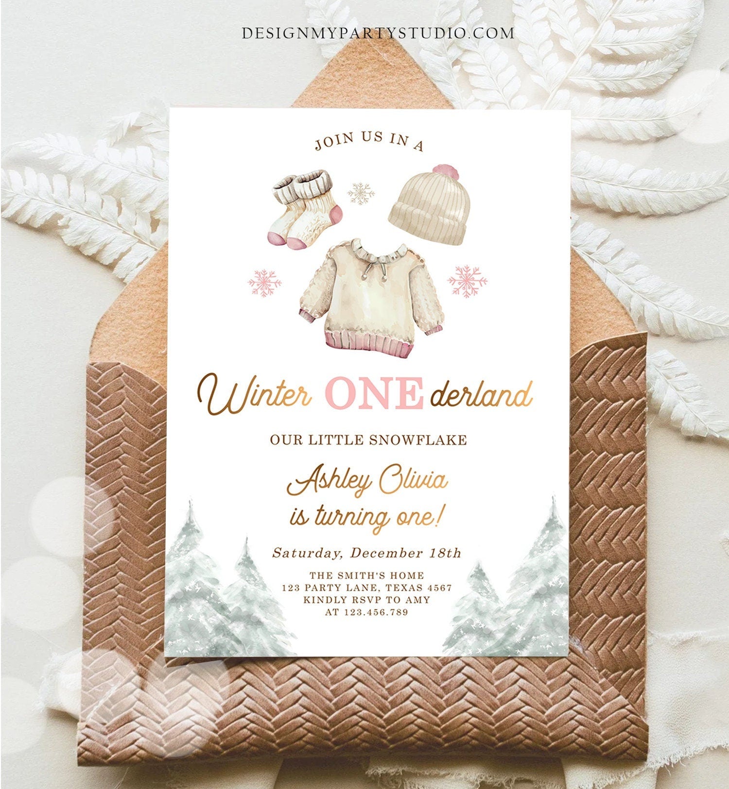 Editable Winter ONEderland Birthday Invitation First Birthday 1st Girl Pink Snow Watercolor Gold Christmas Snowflake Corjl Template 0491