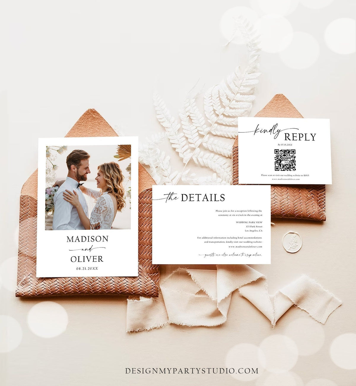 Editable Minimalist Modern Wedding Invitation Suite RSVP Card Details Card Photo Boho Rustic Modern Calligraphy Template Printable 0493