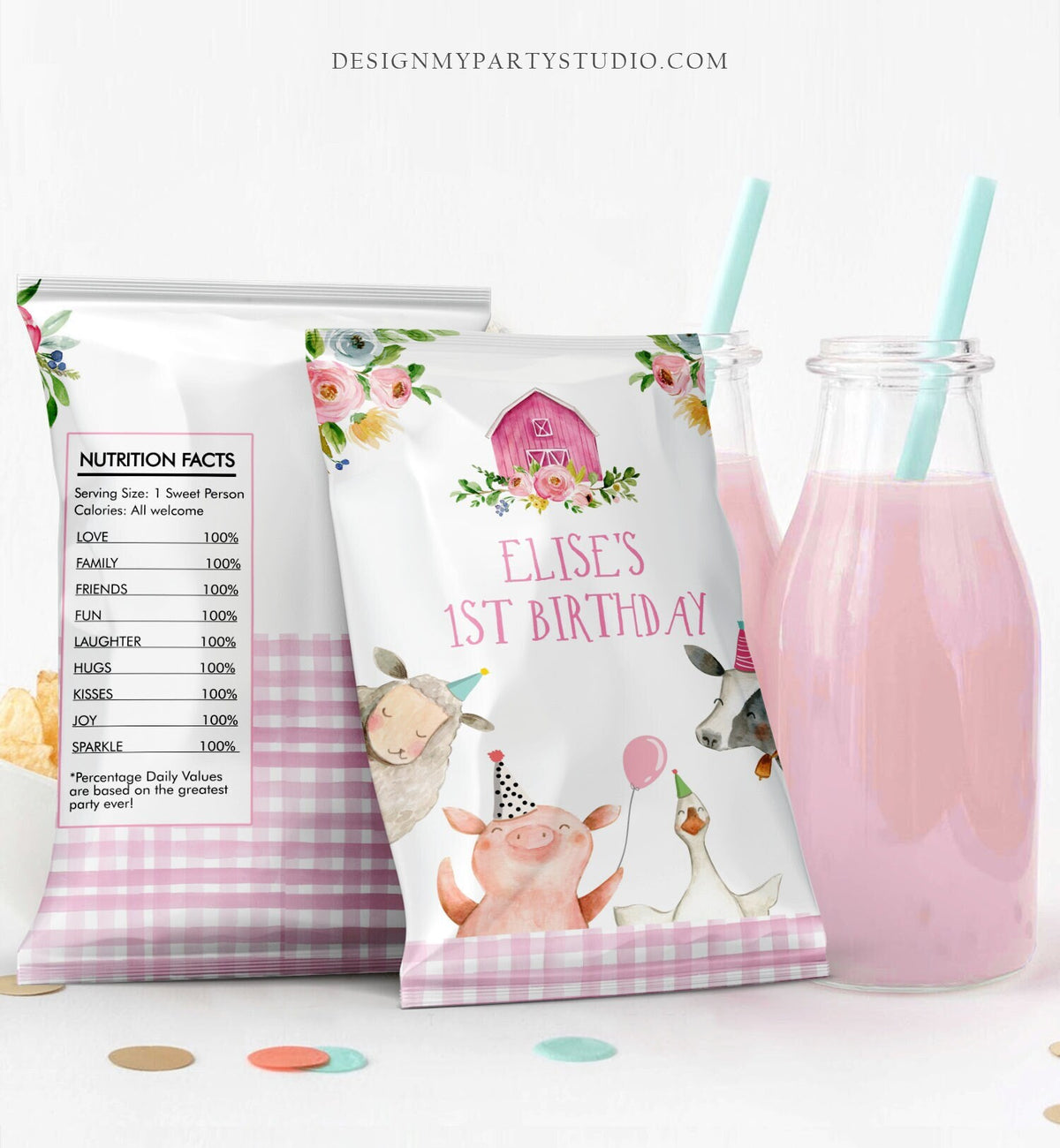 Editable Farm Birthday Chip Bag Barnyard Birthday Decor Girl Pink Farm McDonald Snack Favors Farm Animals Digital Corjl Template 0155