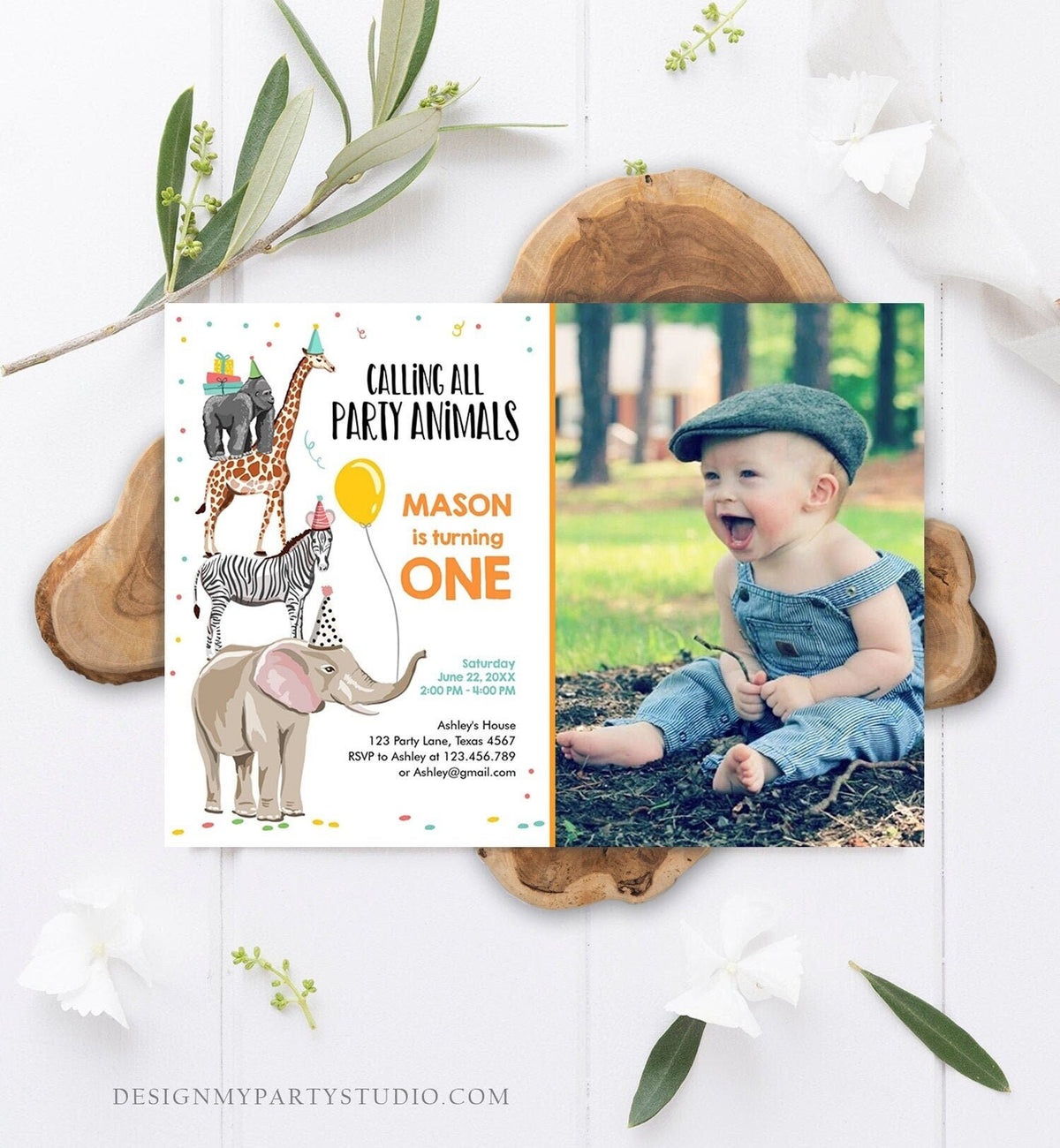 Editable Party Animals Birthday Invitation Wild One Animals Invitation Zoo Safari Animals Boy Digital Download Corjl Template Printable 0142