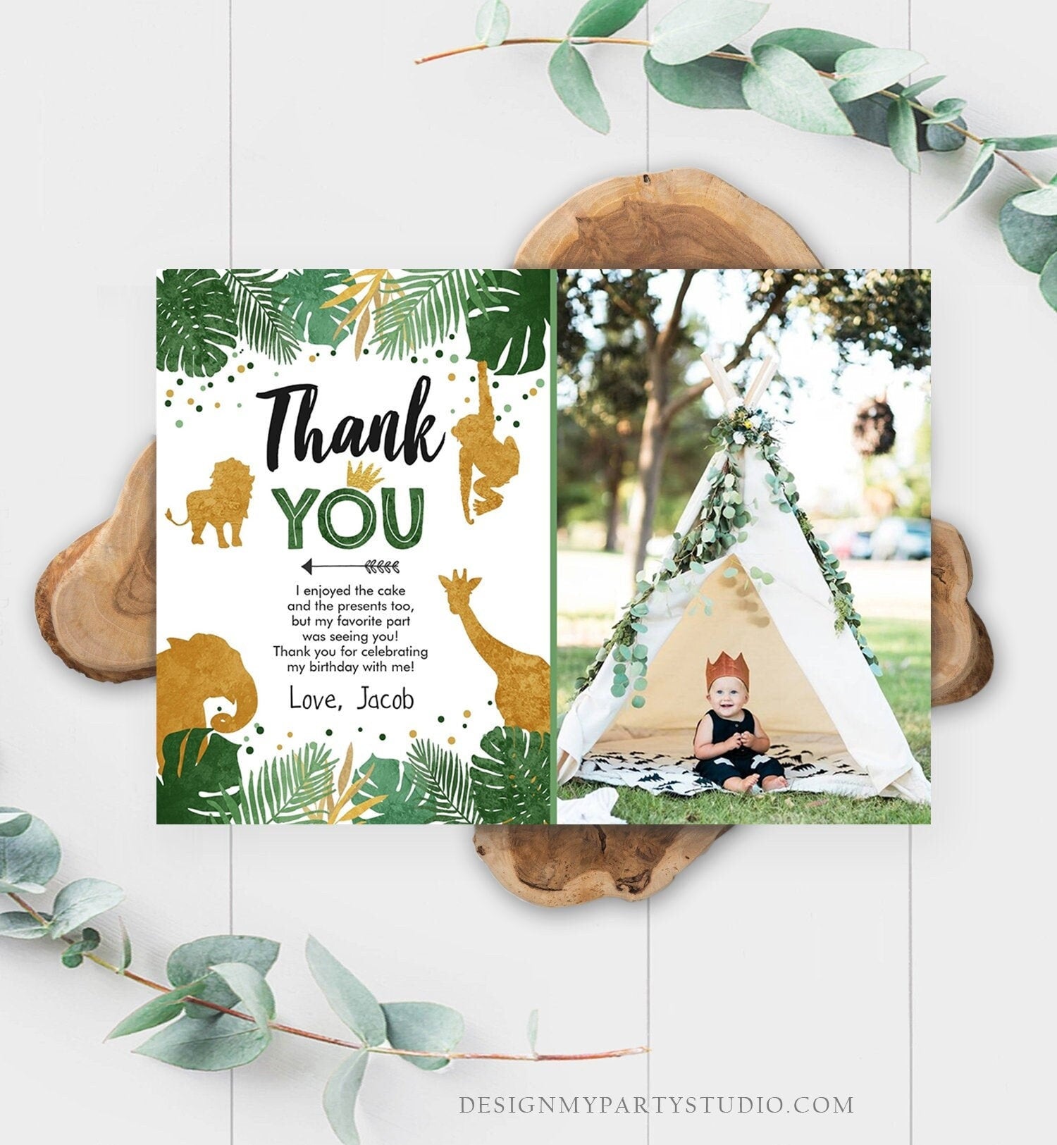 Editable Thank You Card Safari Animals Wild One Thank You Note Black Gold Photo Boy Jungle Zoo Animals Printable Corjl Template Digital 0016