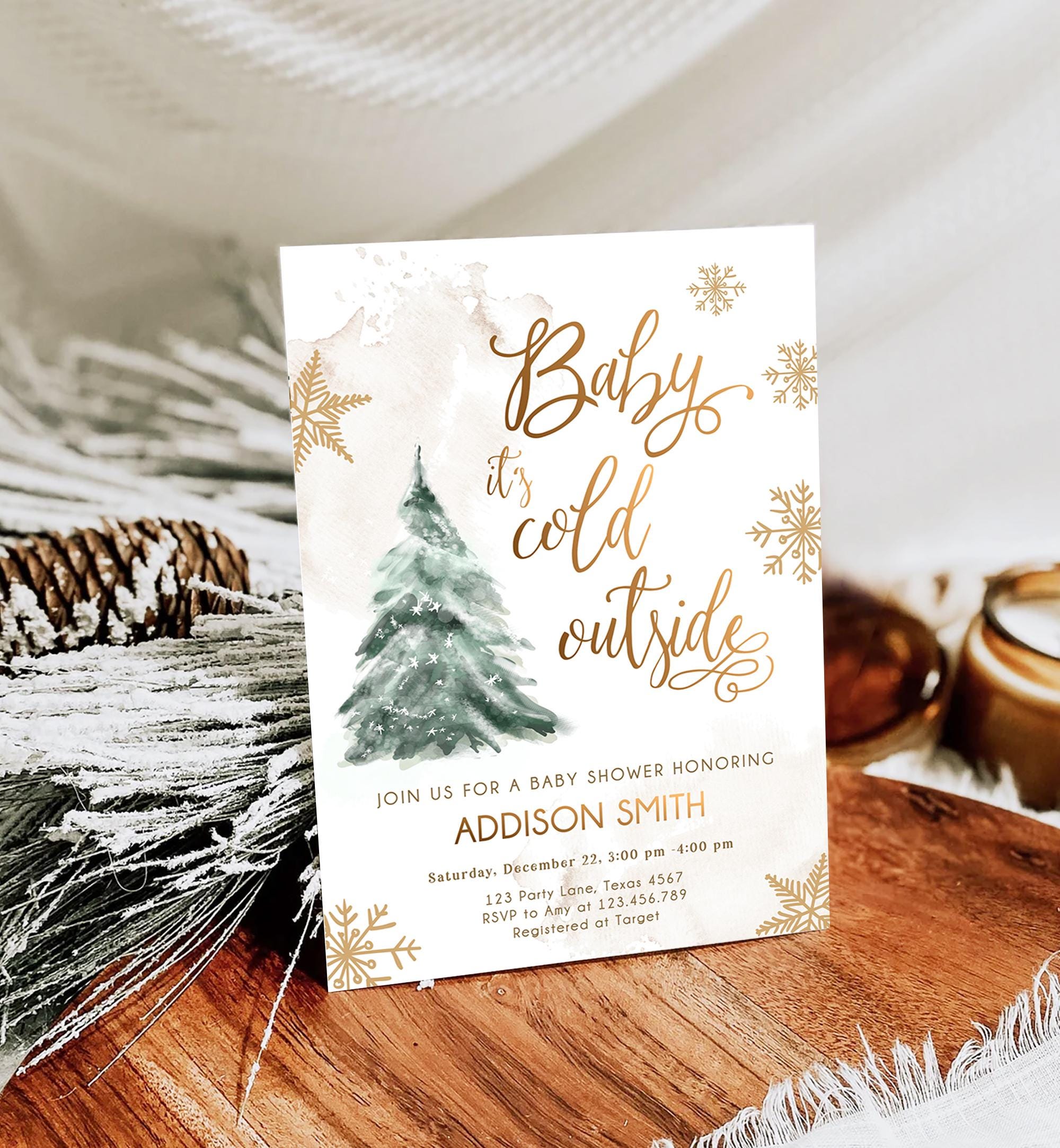 Editable Baby Its Cold Outside Baby Shower Invitation Winter Couples Gender Neutral Snow Watercolor Tree Digital Template Printable 0363