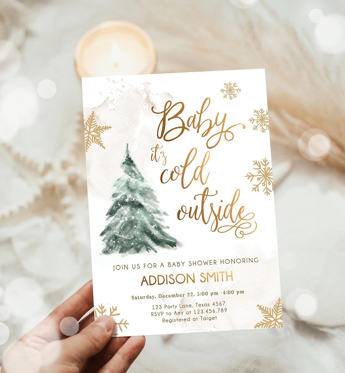 Editable Baby Its Cold Outside Baby Shower Invitation Winter Couples Gender Neutral Snow Watercolor Tree Digital Template Printable 0363