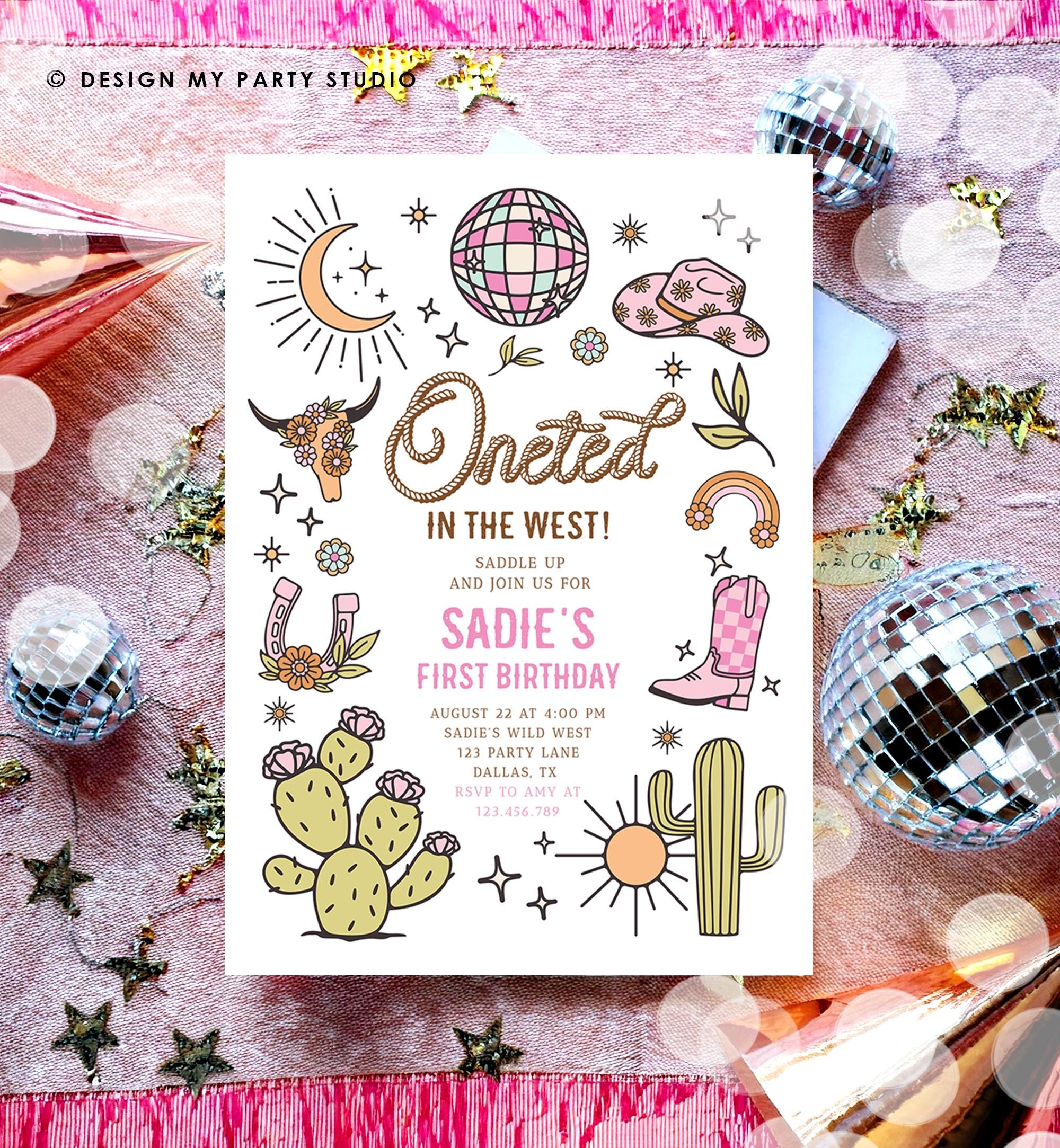 Editable One-ted In The West Cowgirl 1st Birthday Invitation Pink Disco Cowgirl Nashville Rodeo Space Digital Evite Template Printable 0519