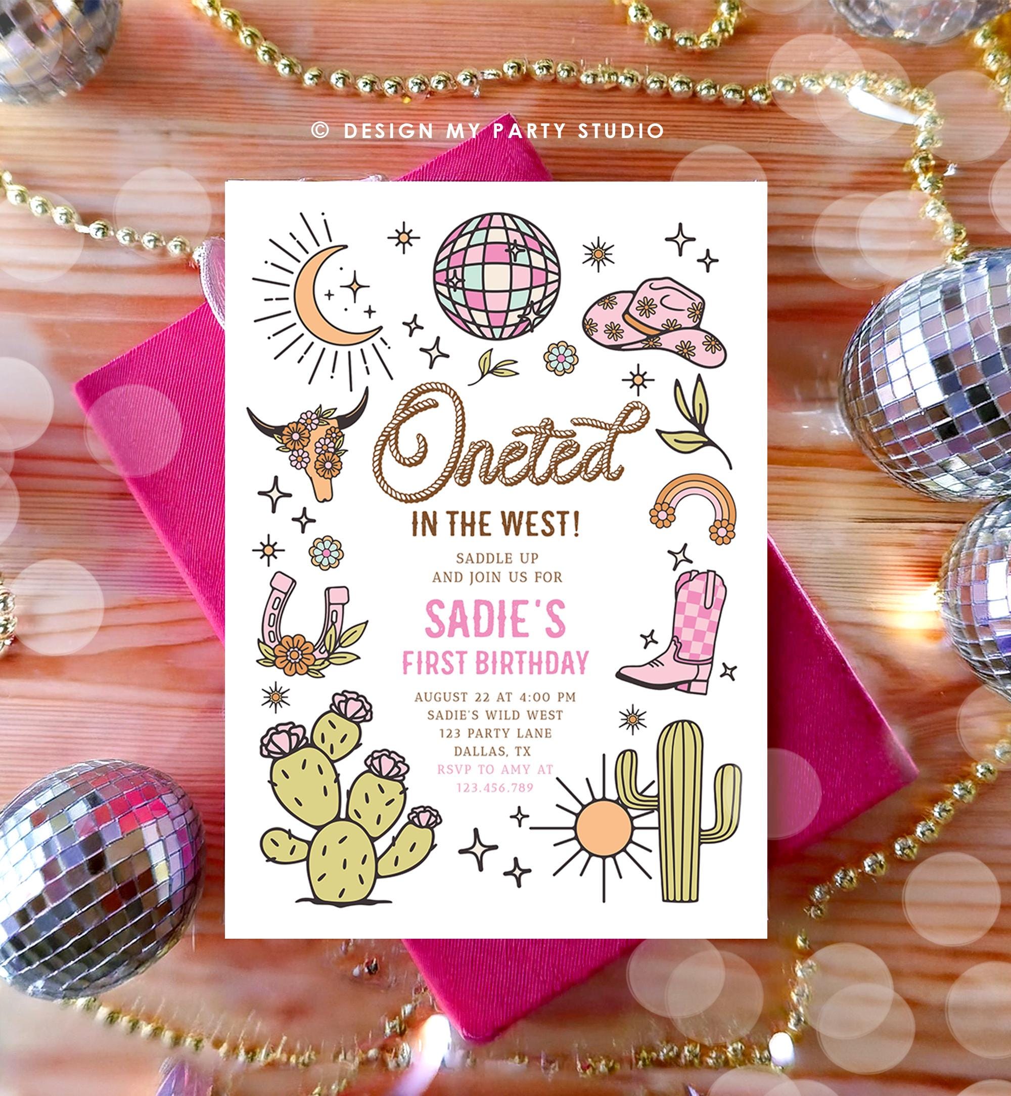 Editable One-ted In The West Cowgirl 1st Birthday Invitation Pink Disco Cowgirl Nashville Rodeo Space Digital Evite Template Printable 0519