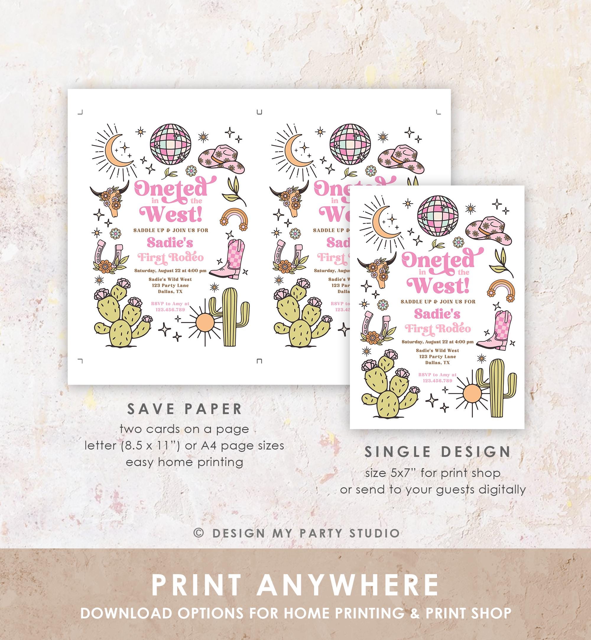 Editable One-ted In The West Cowgirl 1st Birthday Invitation Pink Disco Cowgirl Nashville Rodeo Space Digital Evite Template Printable 0519