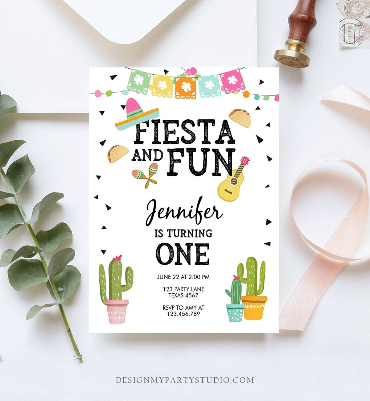 Editable Fiesta and Fun Birthday Invitation First Fiesta Cactus Sombrero Girl Instant Download Printable Invitation Template Corjl 0161